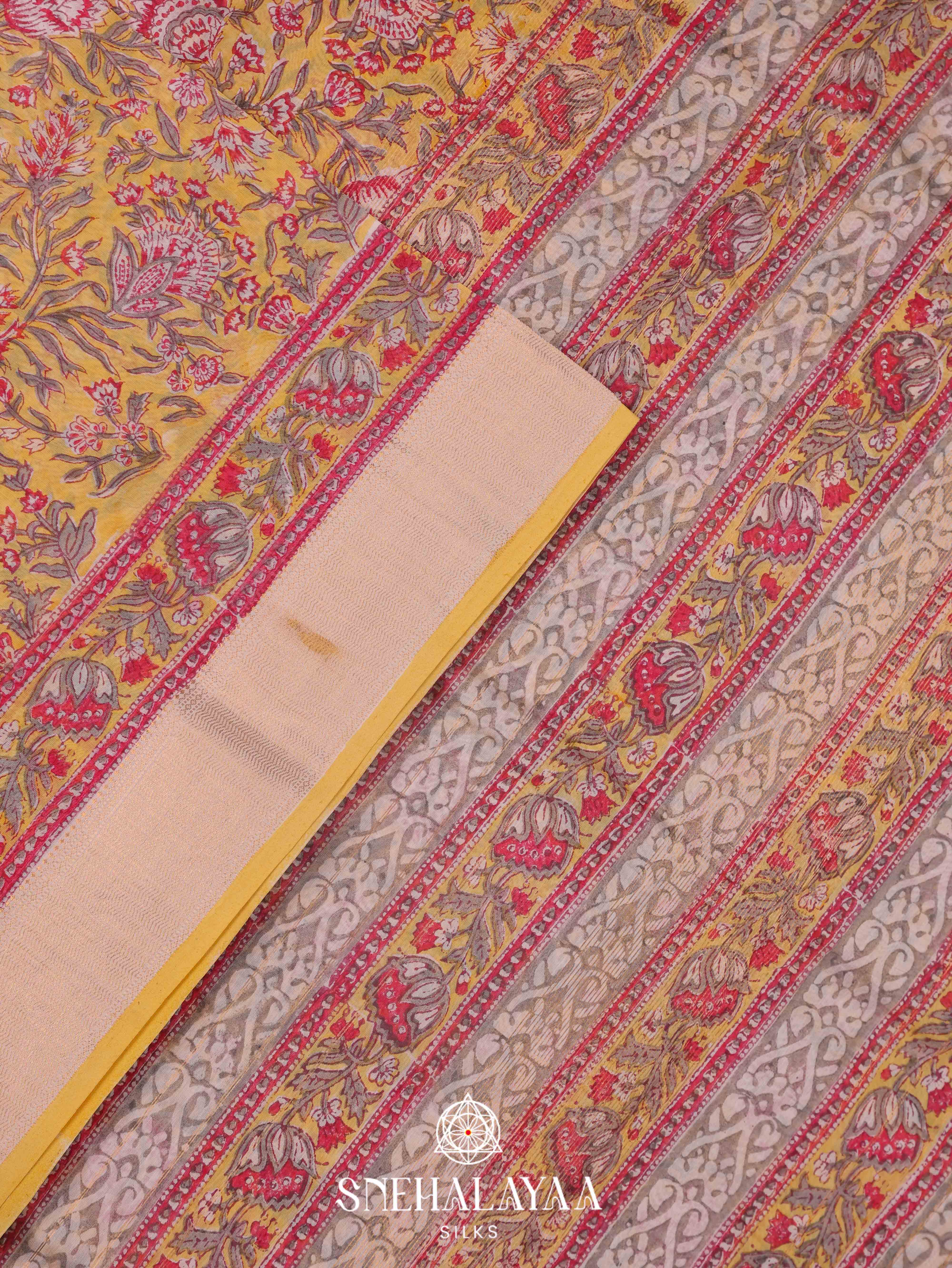 Yellow  Printed Maheshwari Silk Cotton Saree