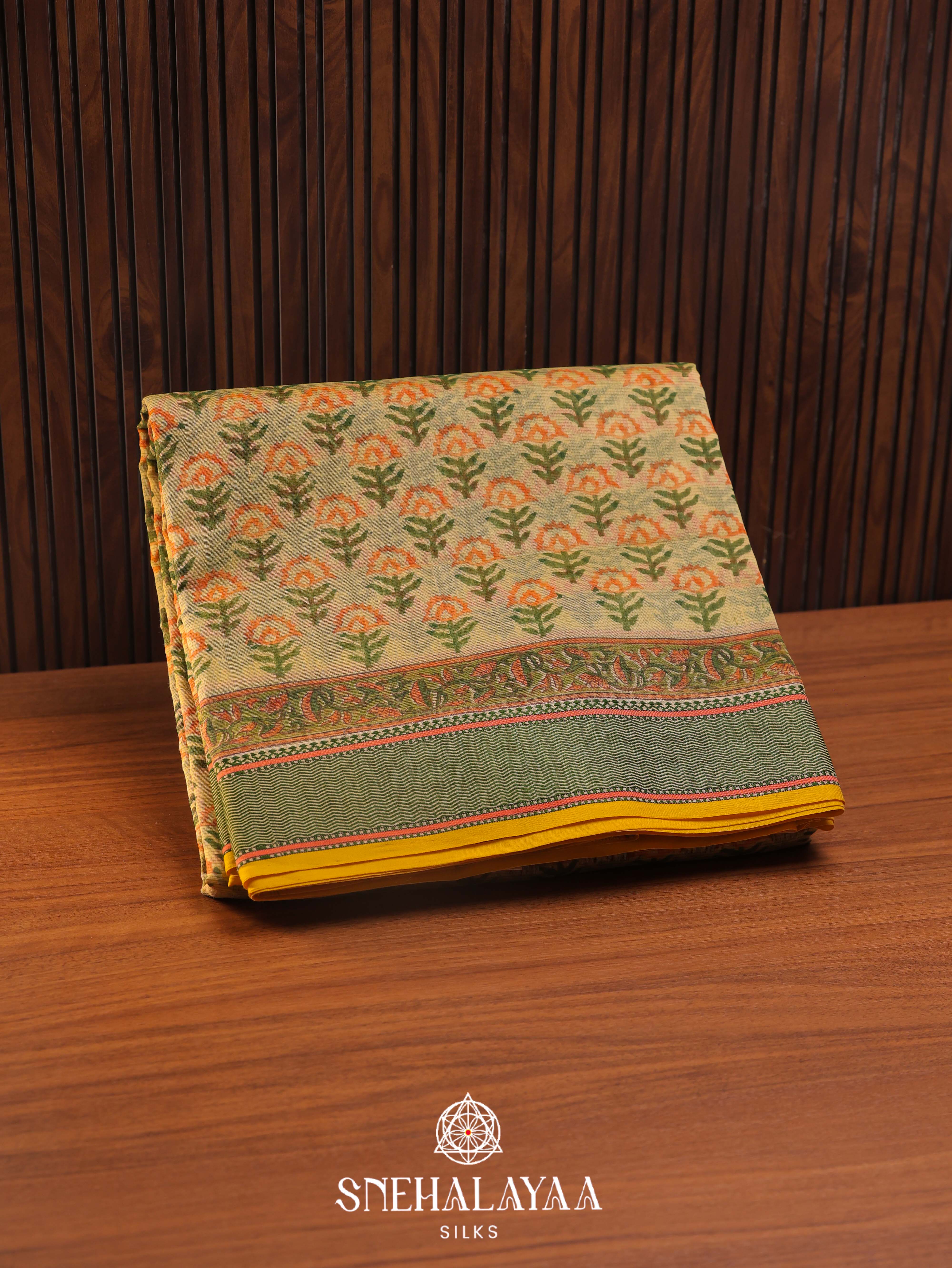 Yellow  Printed Maheshwari Silk Cotton Saree