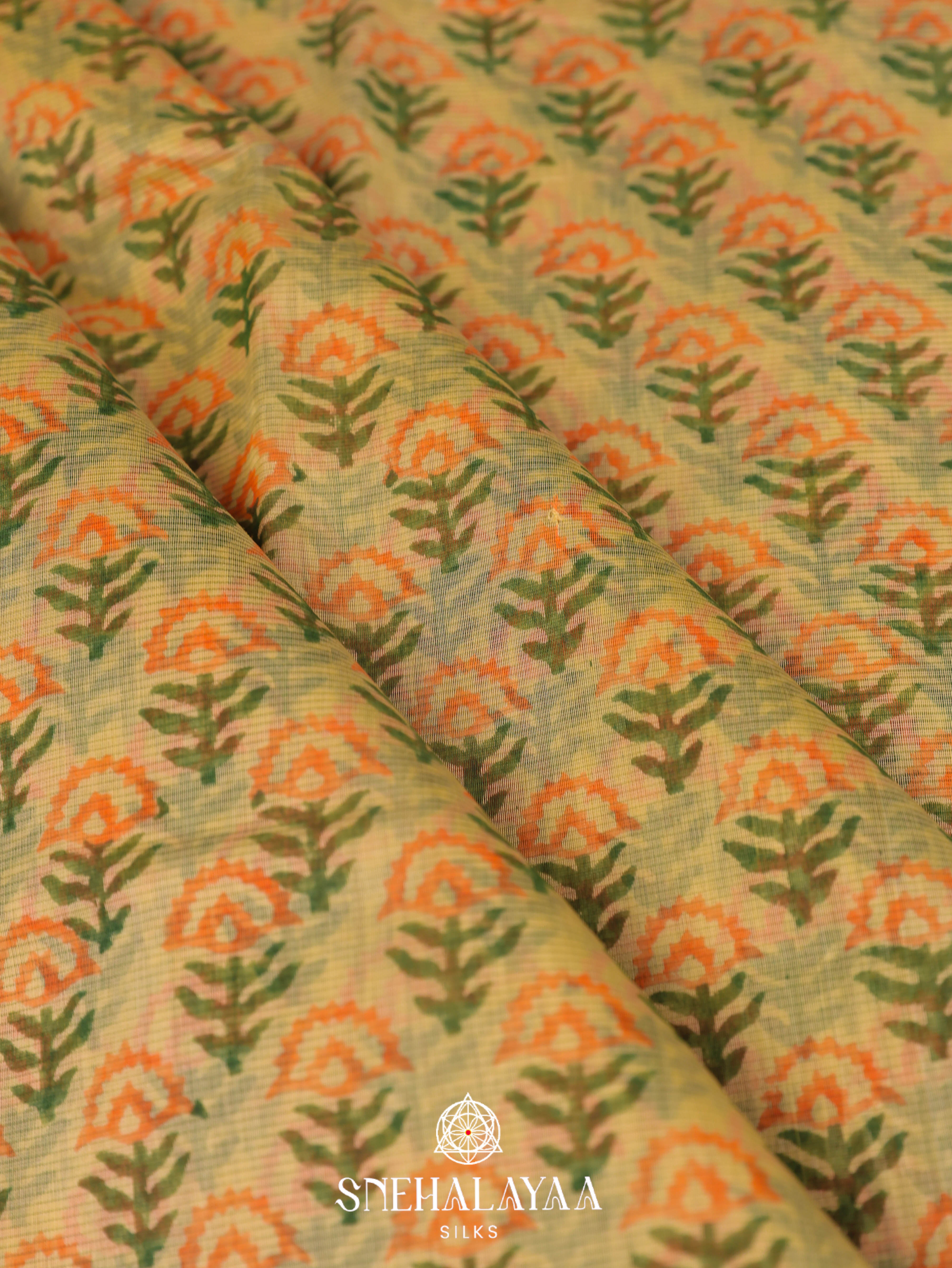 Yellow  Printed Maheshwari Silk Cotton Saree