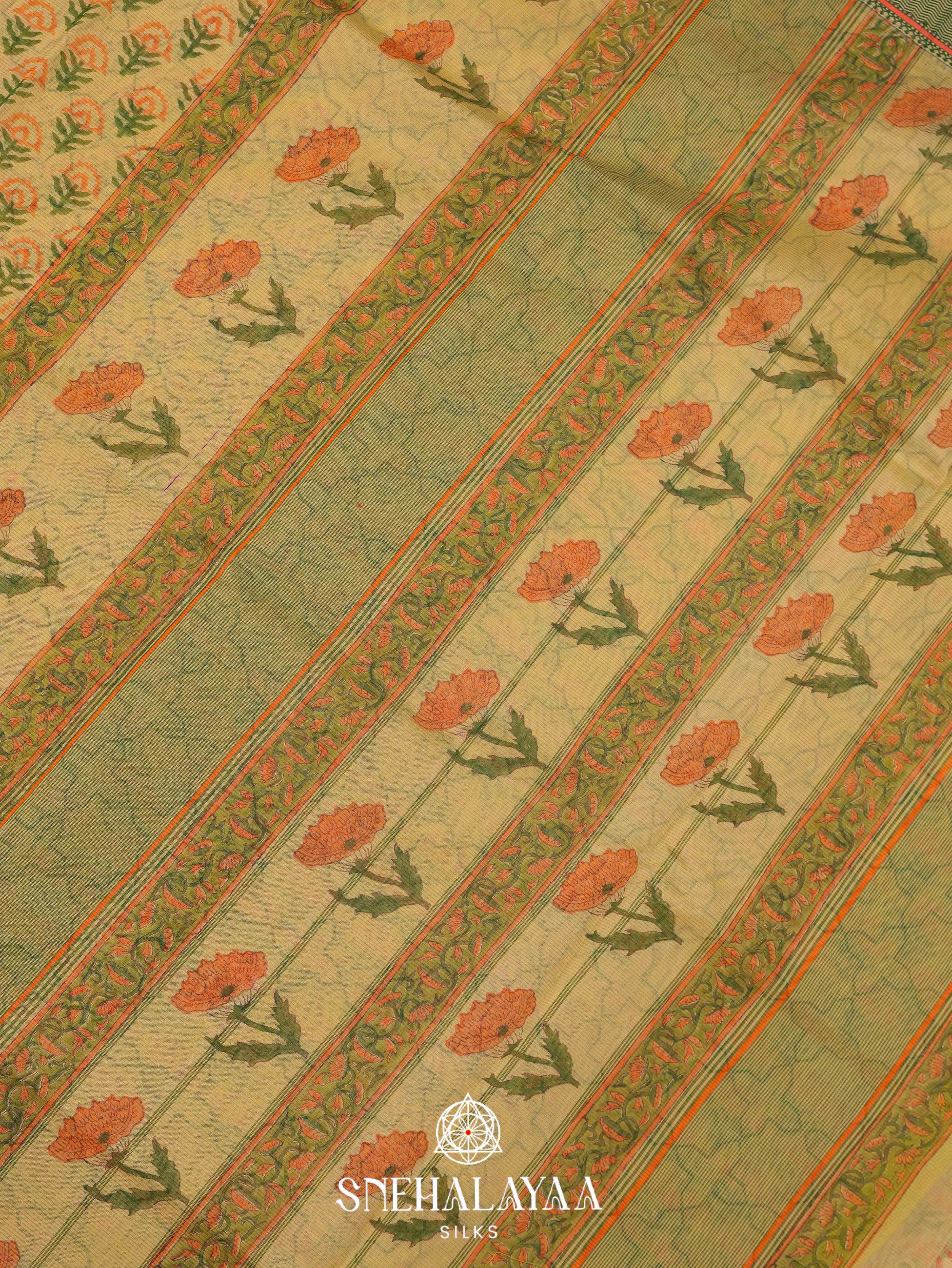 Yellow  Printed Maheshwari Silk Cotton Saree