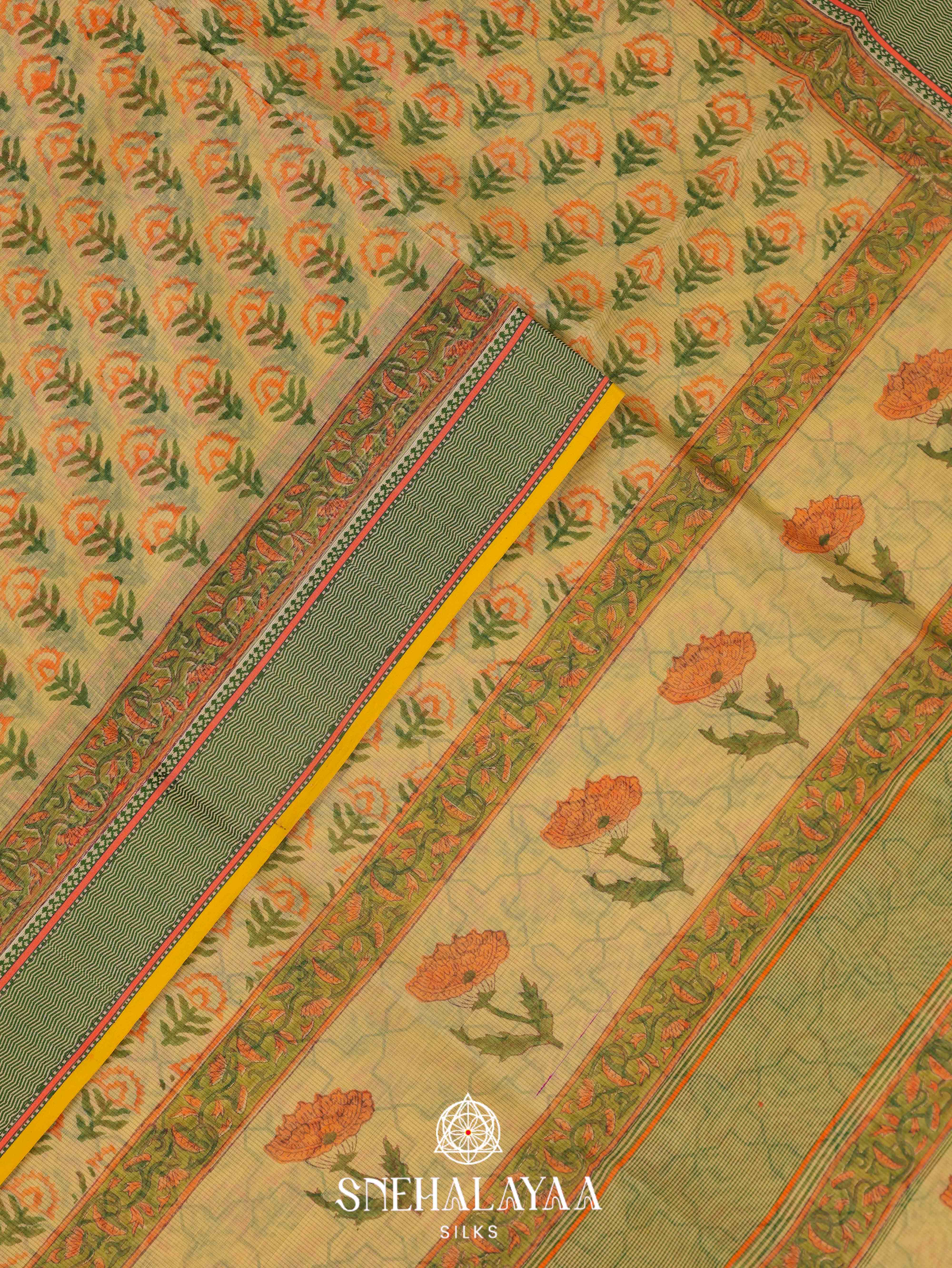 Yellow  Printed Maheshwari Silk Cotton Saree