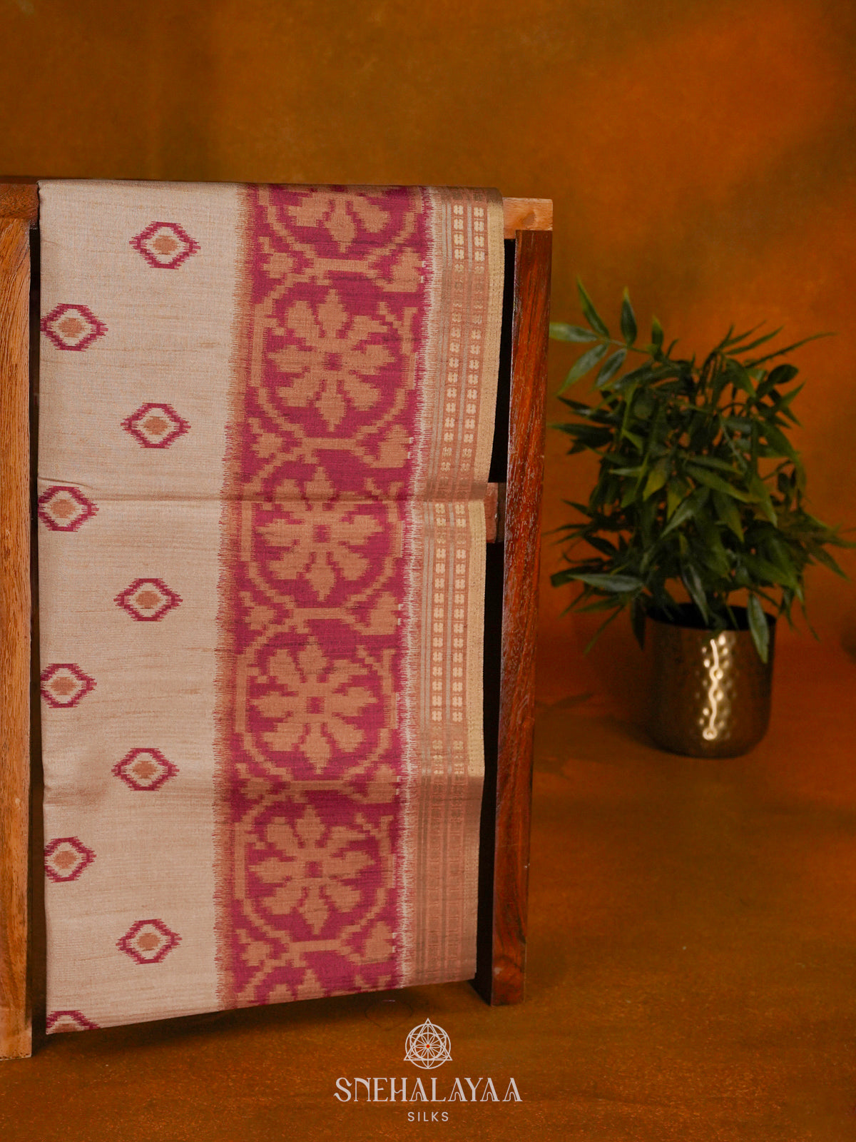 Beige Tussar Saree with Pale Pink Border