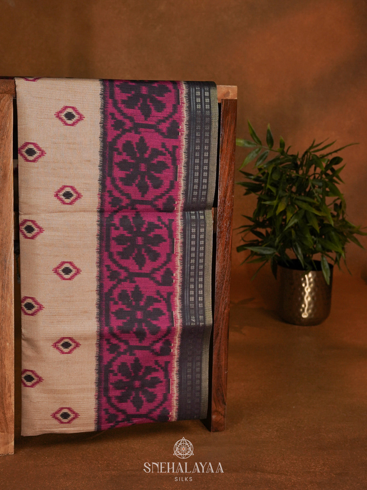 Beige Tussar Saree with Purple Border