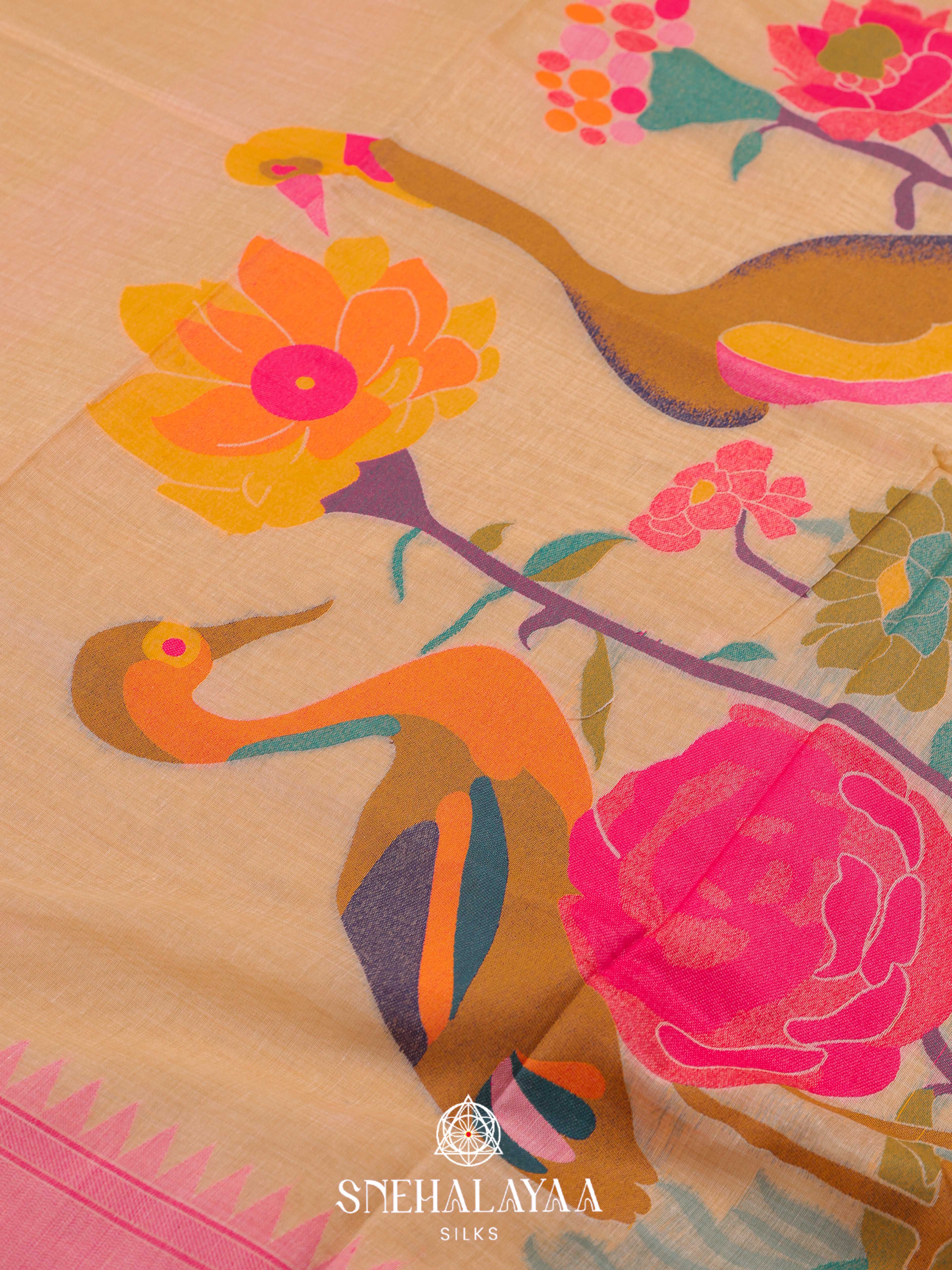 Beige  Munga Cotton Saree