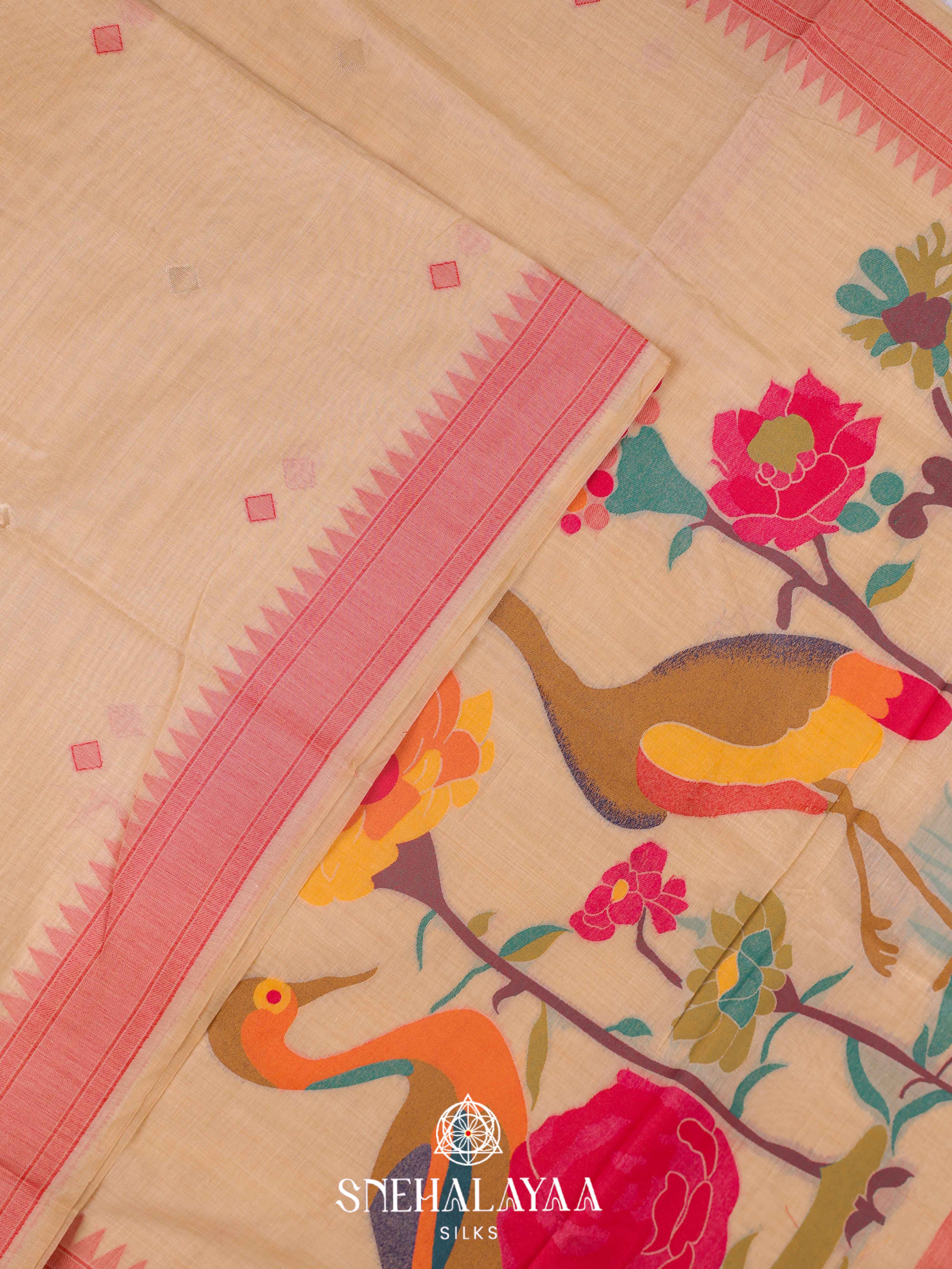 Soft Beige Munga Cotton Saree