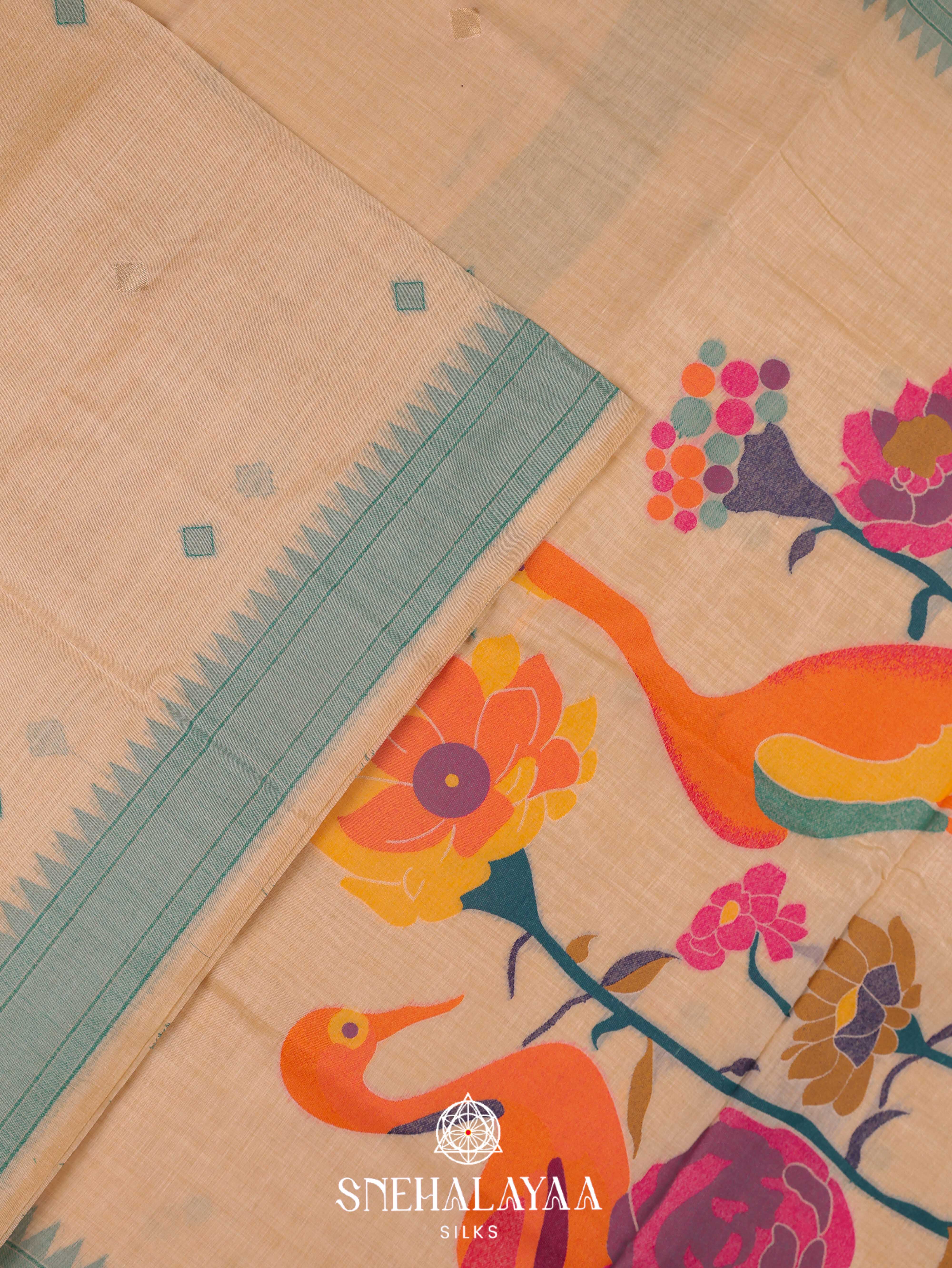Beige  Munga Cotton Saree