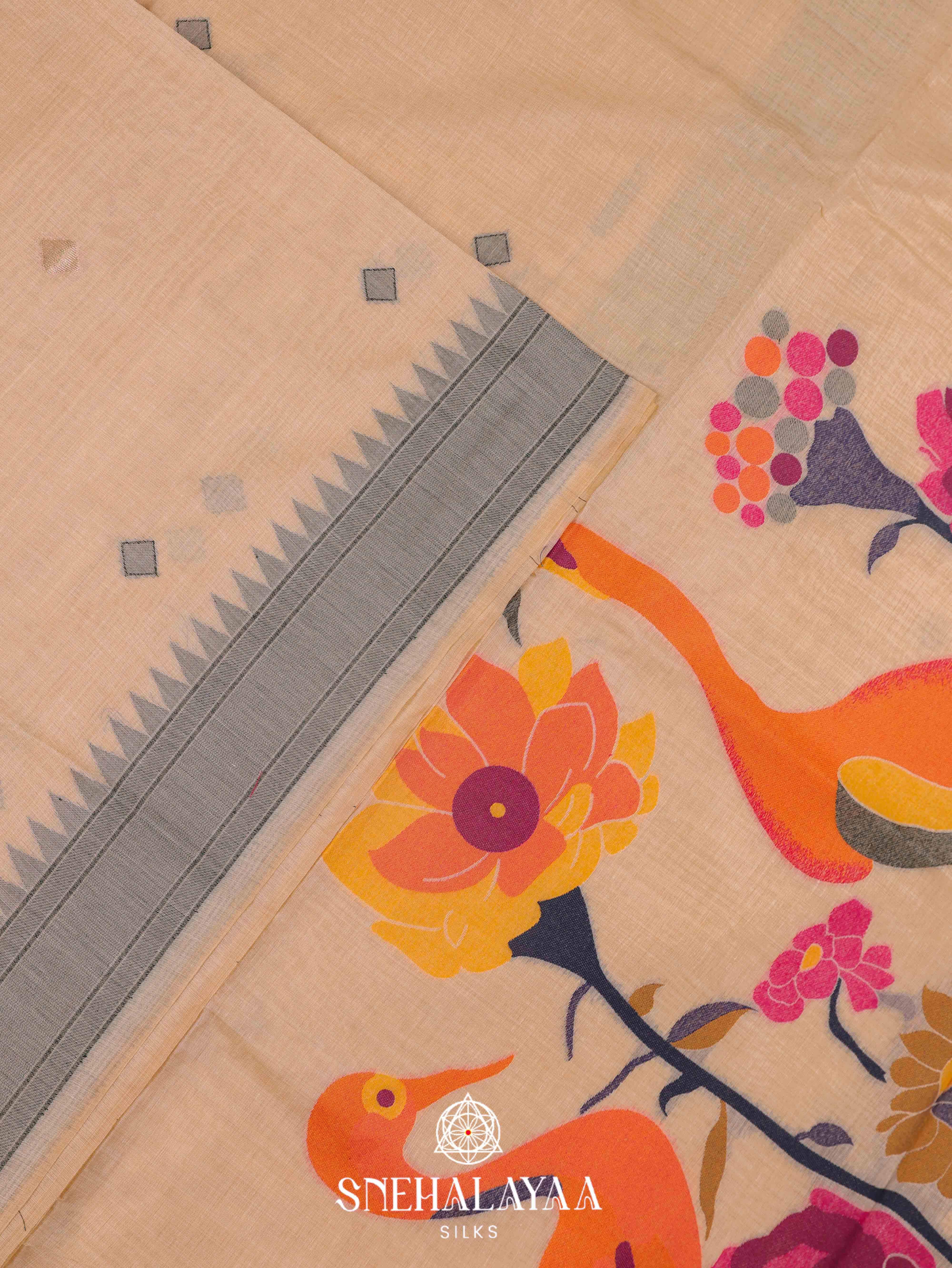 Beige  Munga Cotton Saree