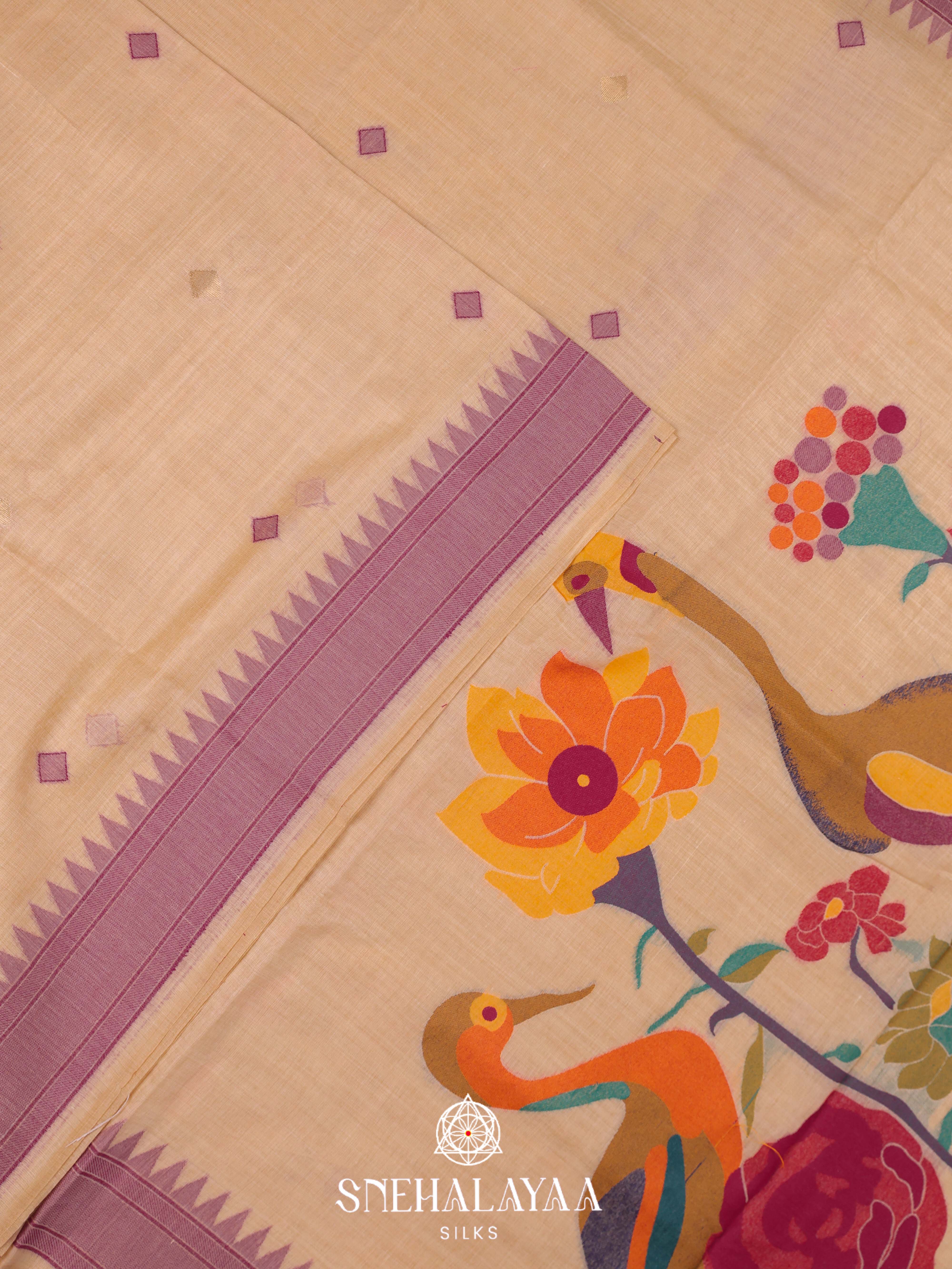 Beige  Munga Cotton Saree