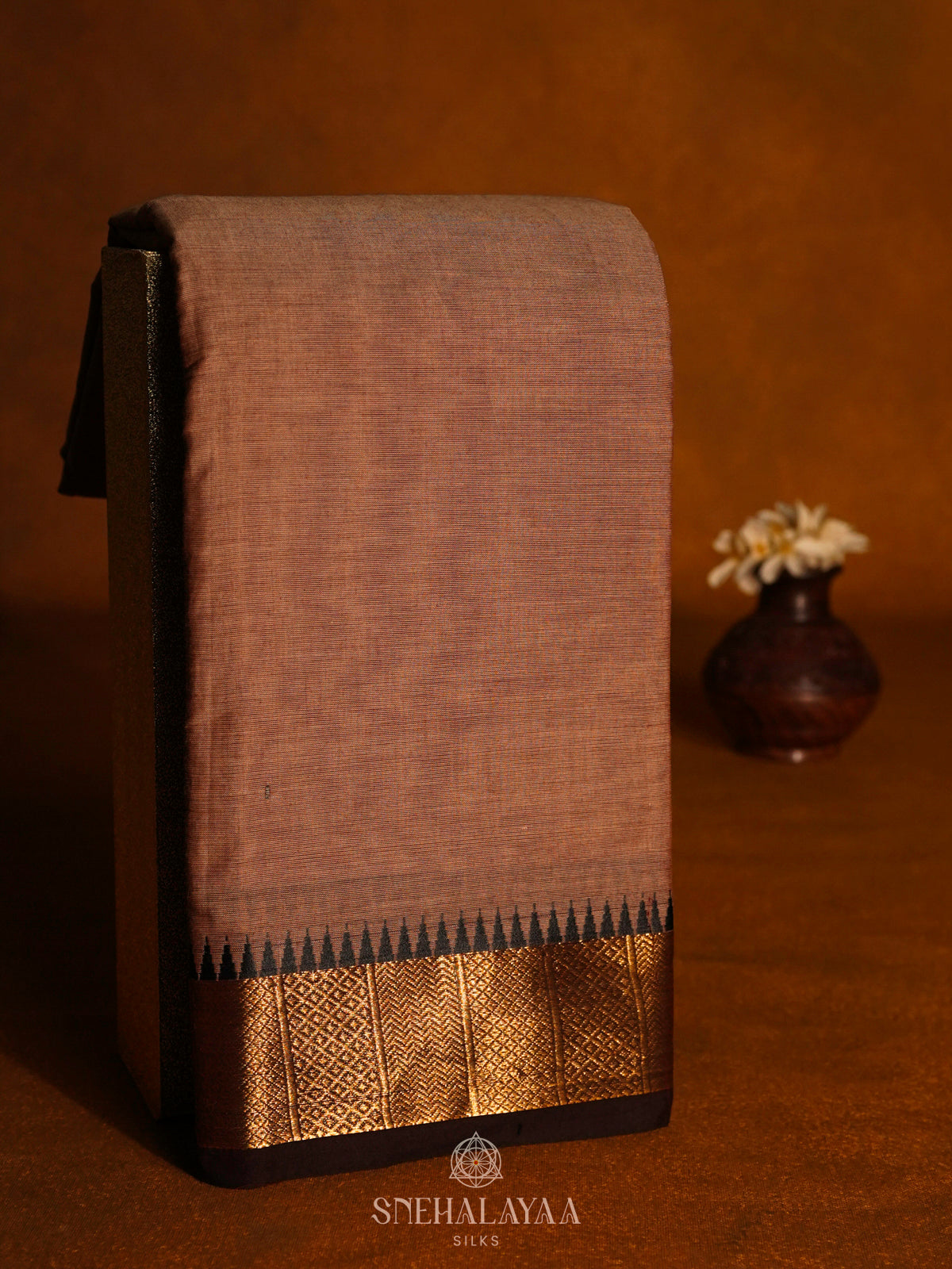 Brown Kanchi Cotton Saree With Contrast Border