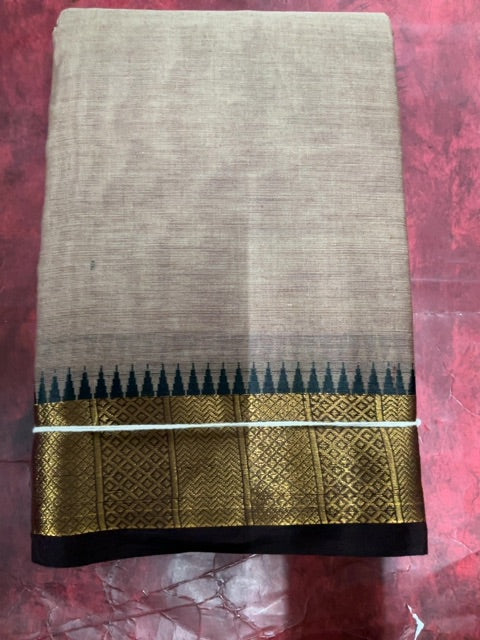 Brown Kanchi Cotton Saree With Contrast Border