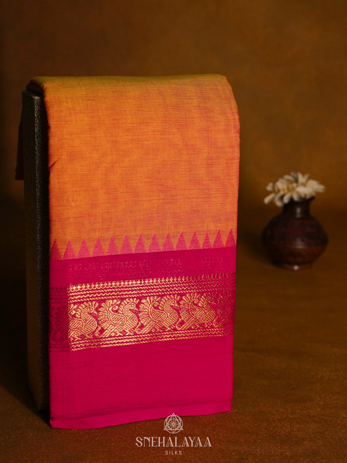 Orange Kanchi Cotton Saree With Ganga Jamuna Border