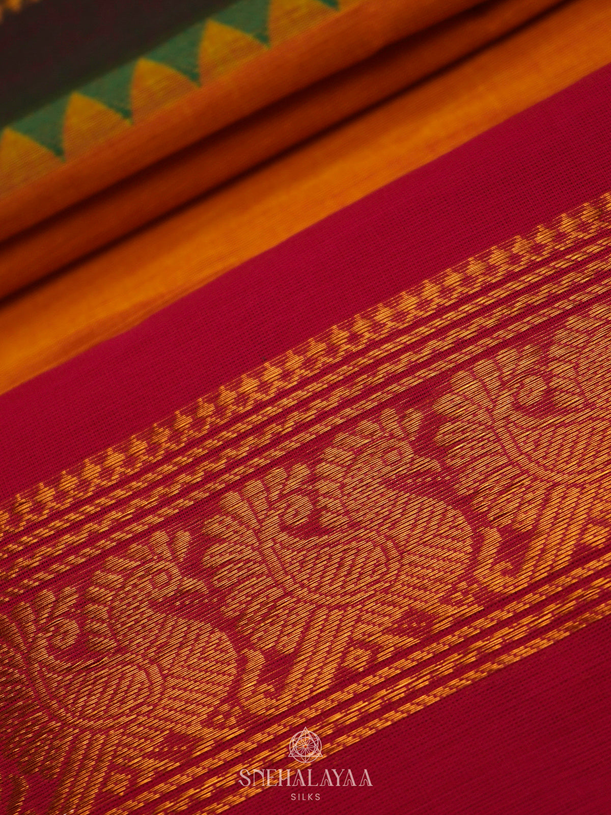 Orange Kanchi Cotton Saree With Ganga Jamuna Border