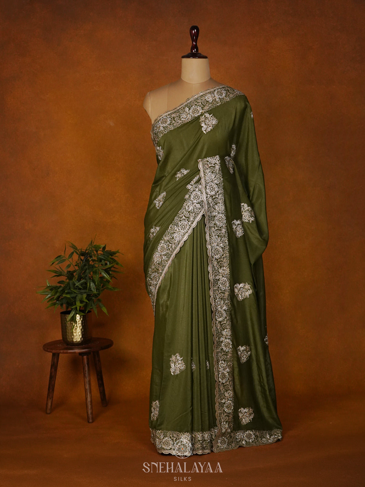 Olive Green Designer Saree