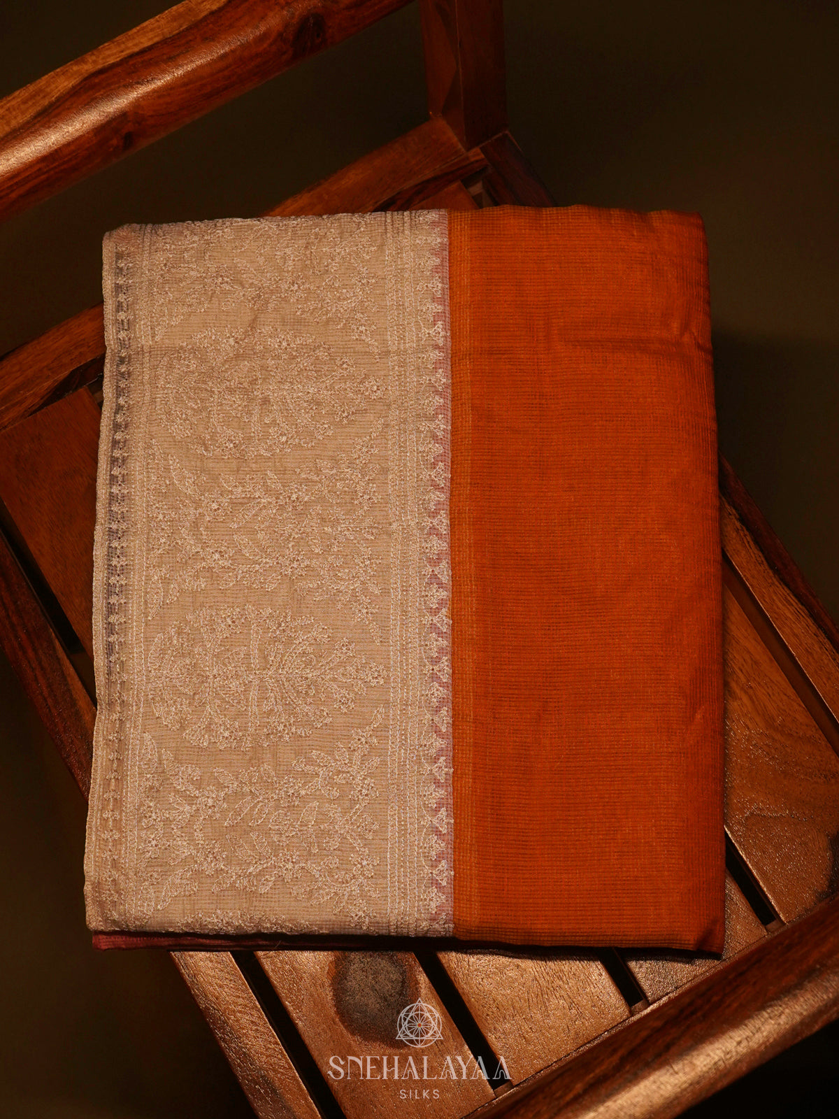Orange Kota Embroidery Saree
