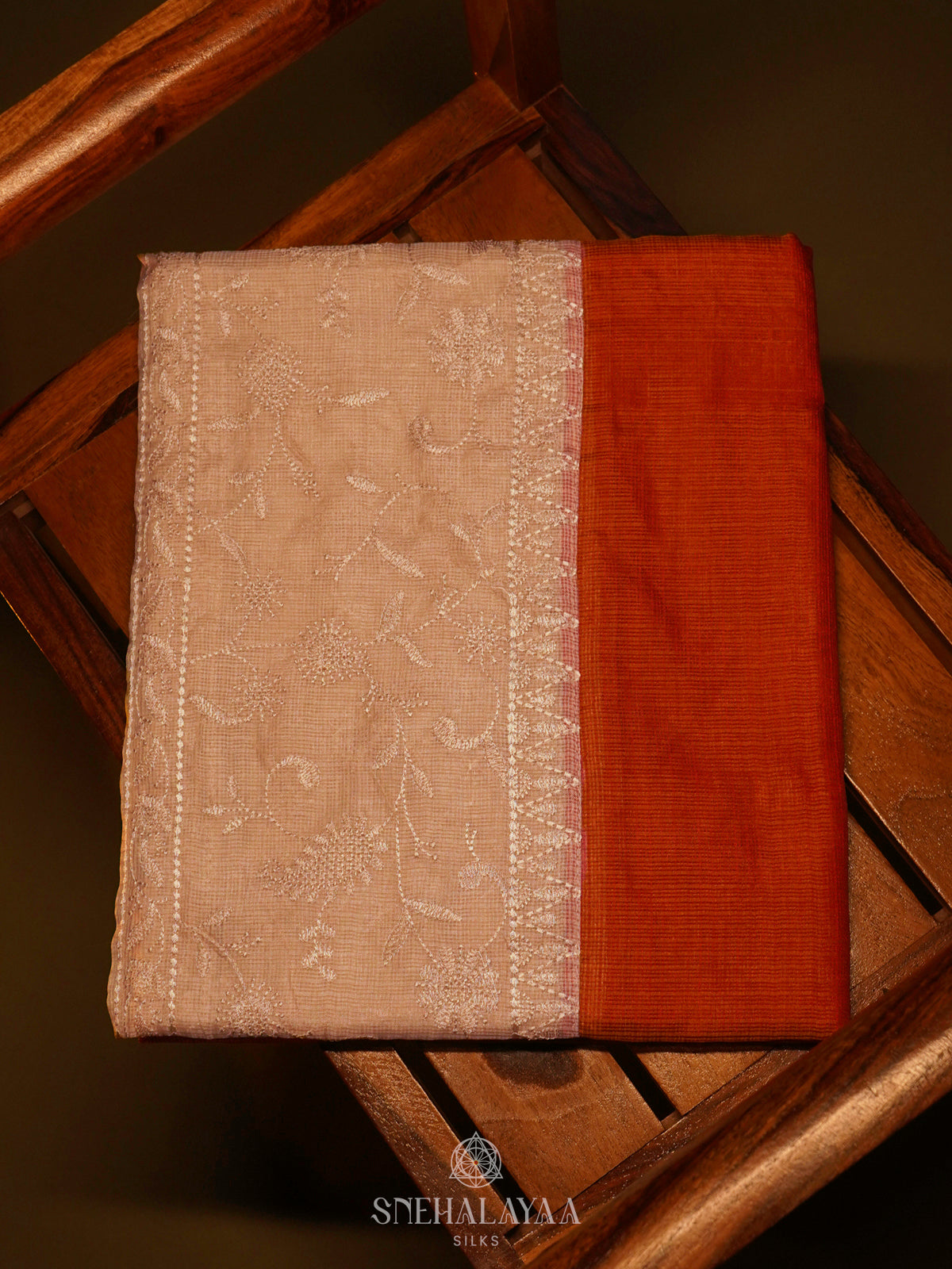 Rust Orange Kota Embroidery Saree