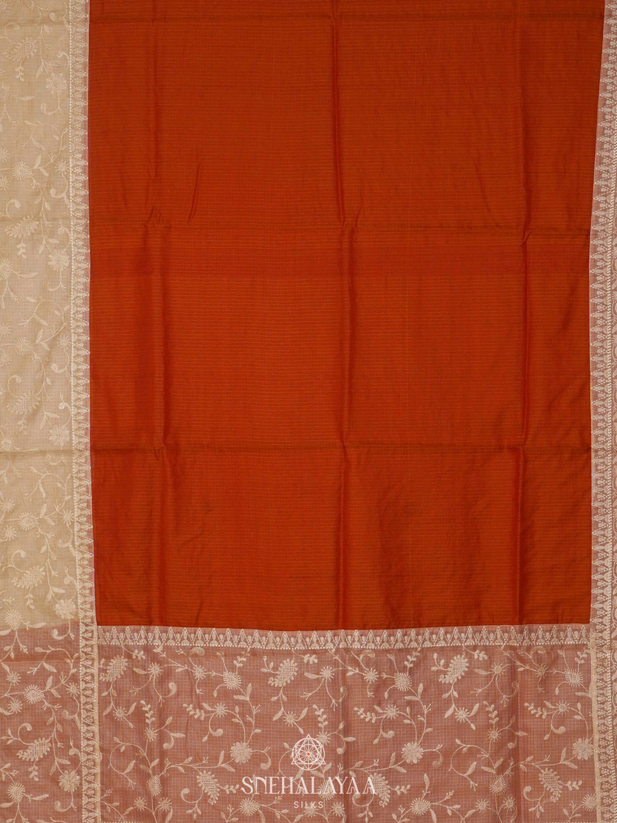 Rust Orange Kota Embroidery Saree