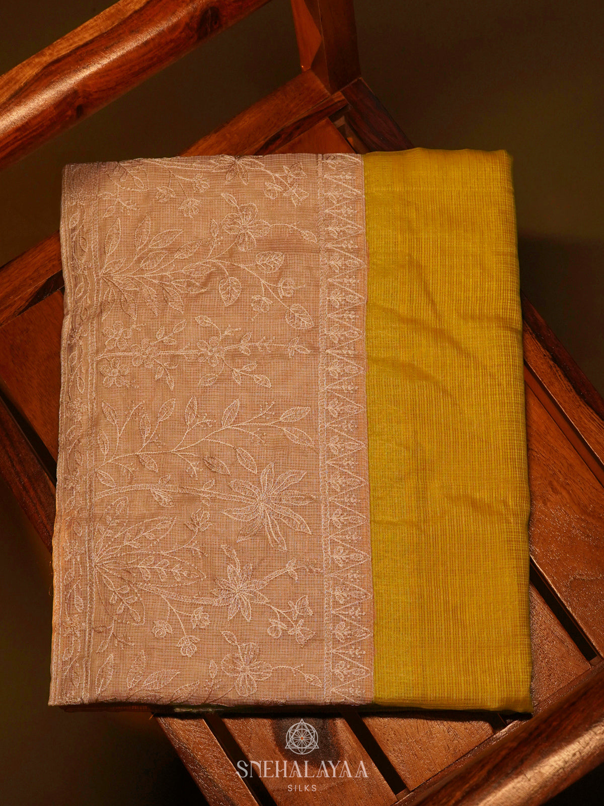 Lemon Yellow Kota Embroidery Saree