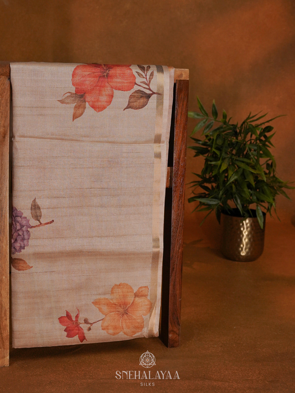Beige Floral Tussar Saree