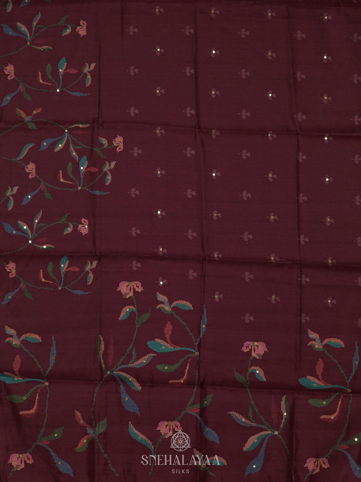 Maroon Floral Tussar Saree