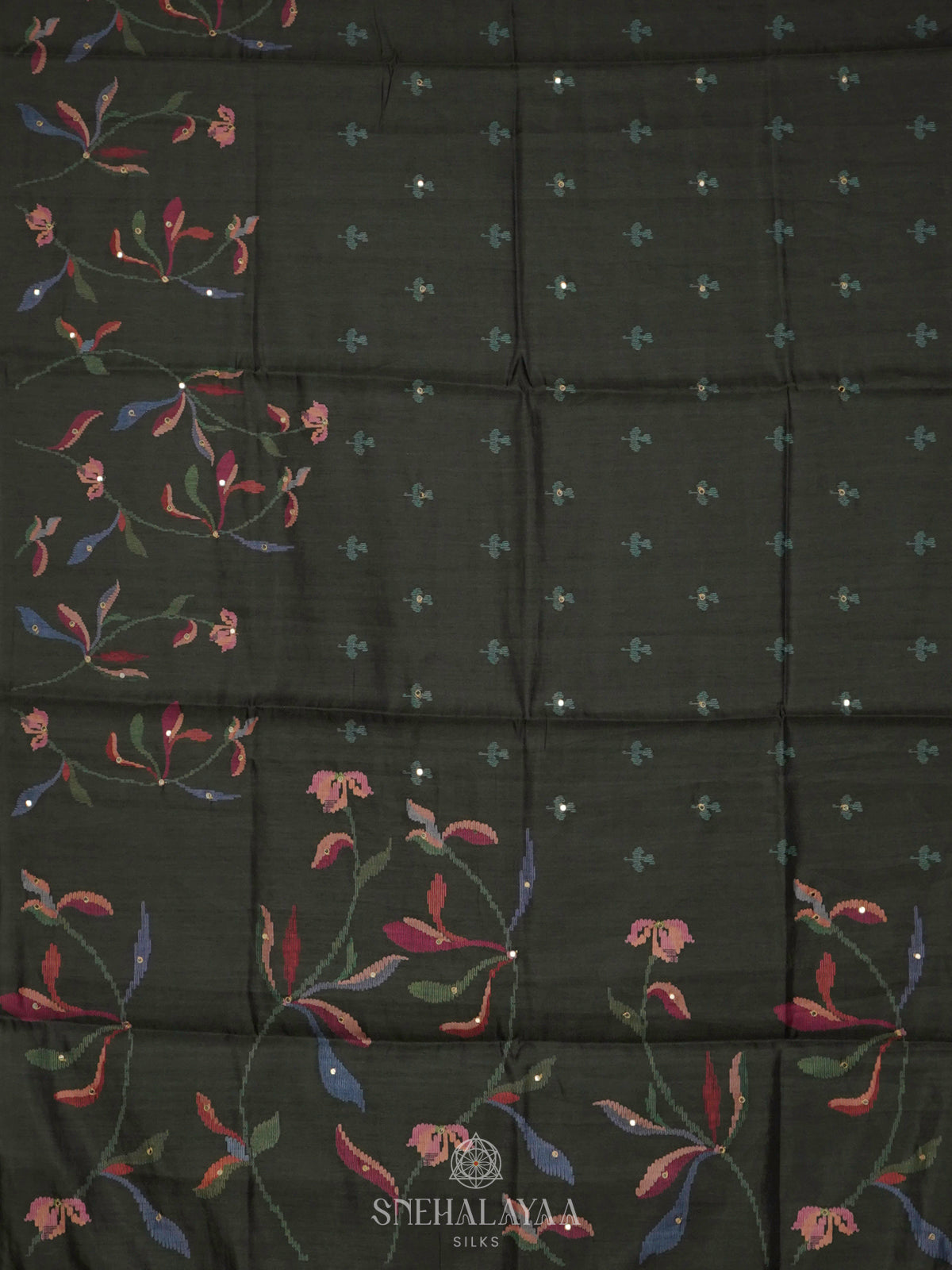 Black Floral Tussar Saree