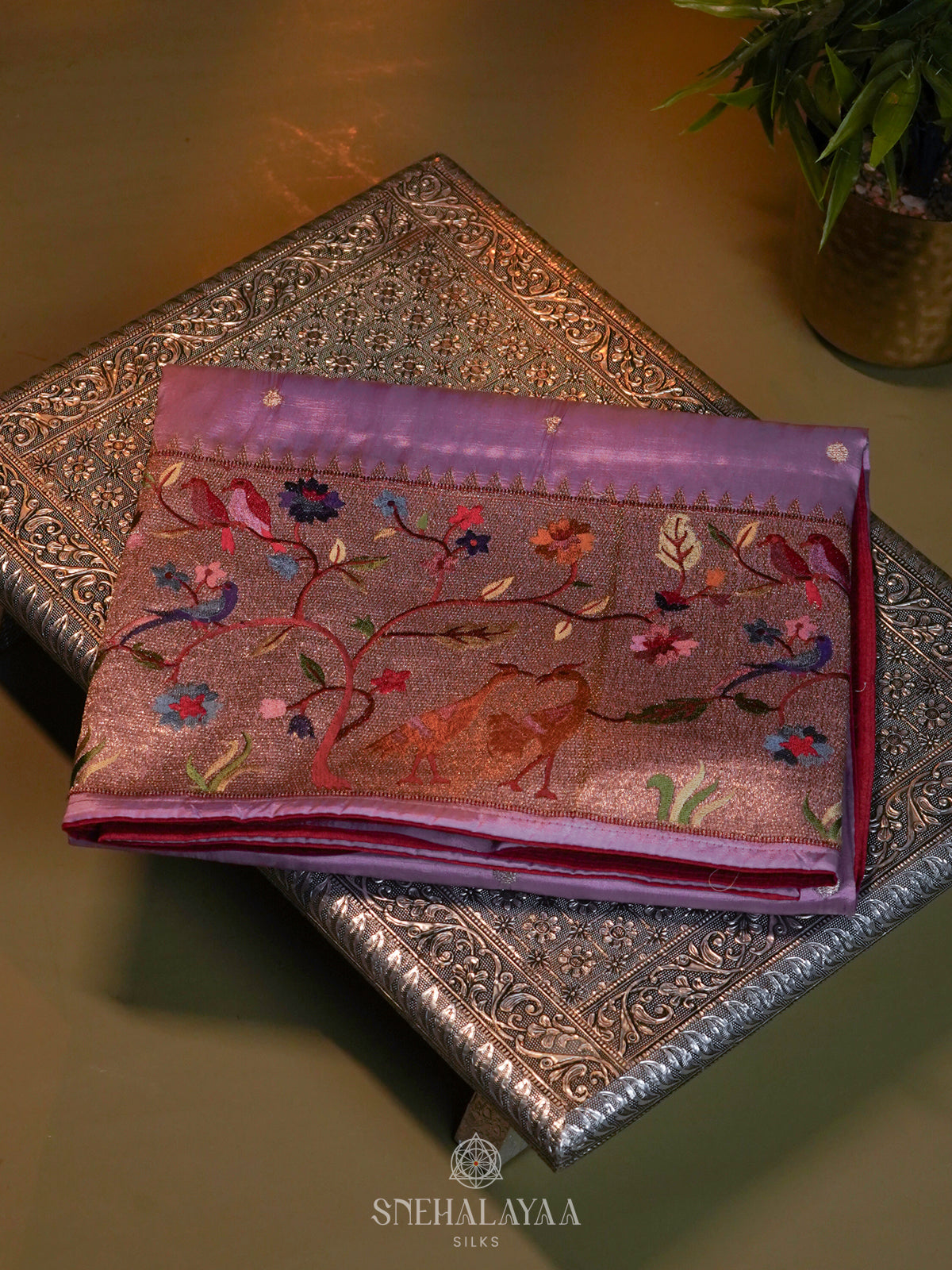 Lavender Raw Silk Embroidery Saree