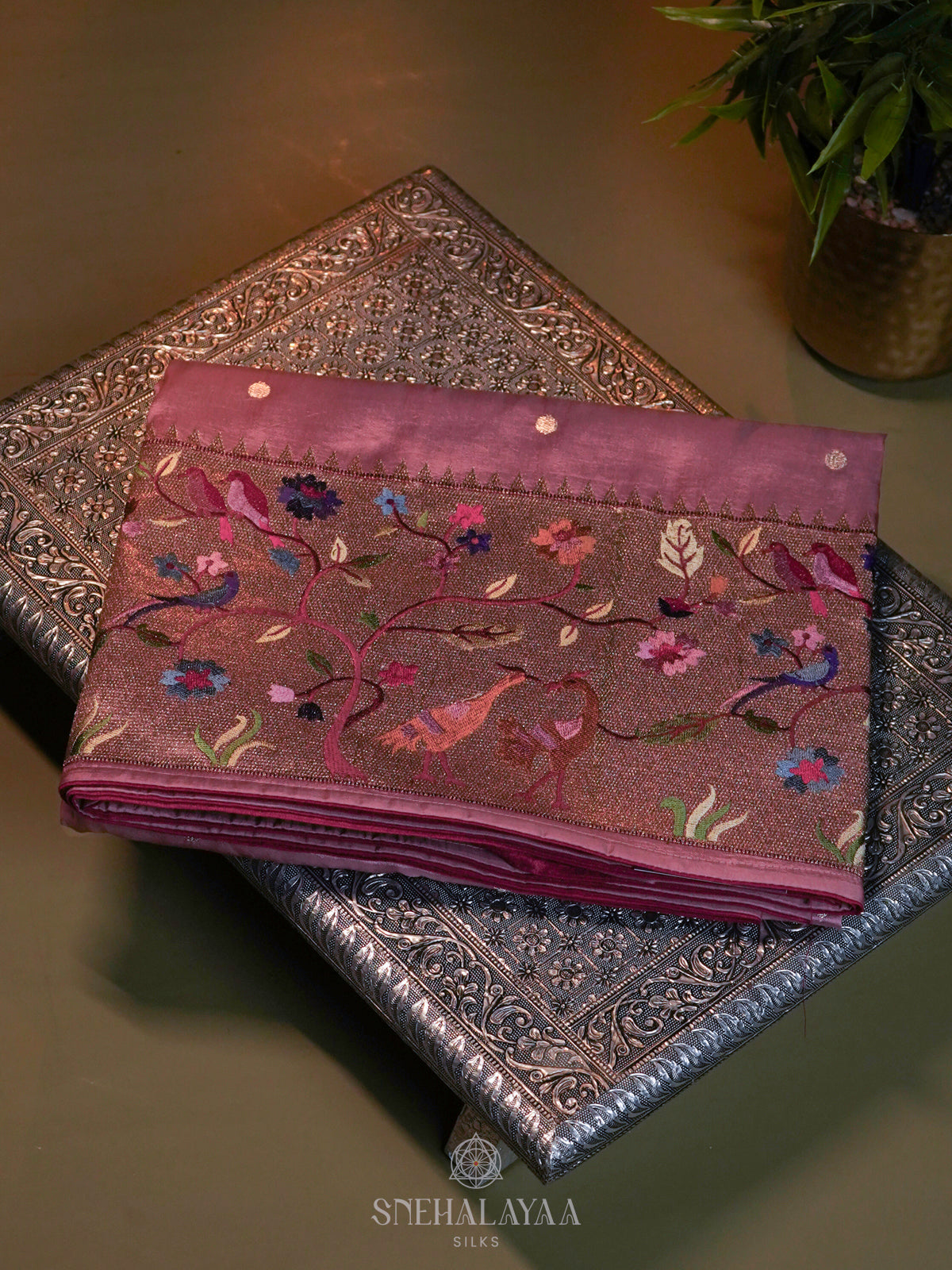 Pale Pink Raw Silk Embroidery Saree