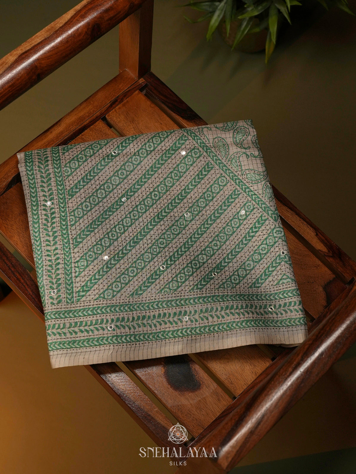 Beige with Green Border Tussar Saree