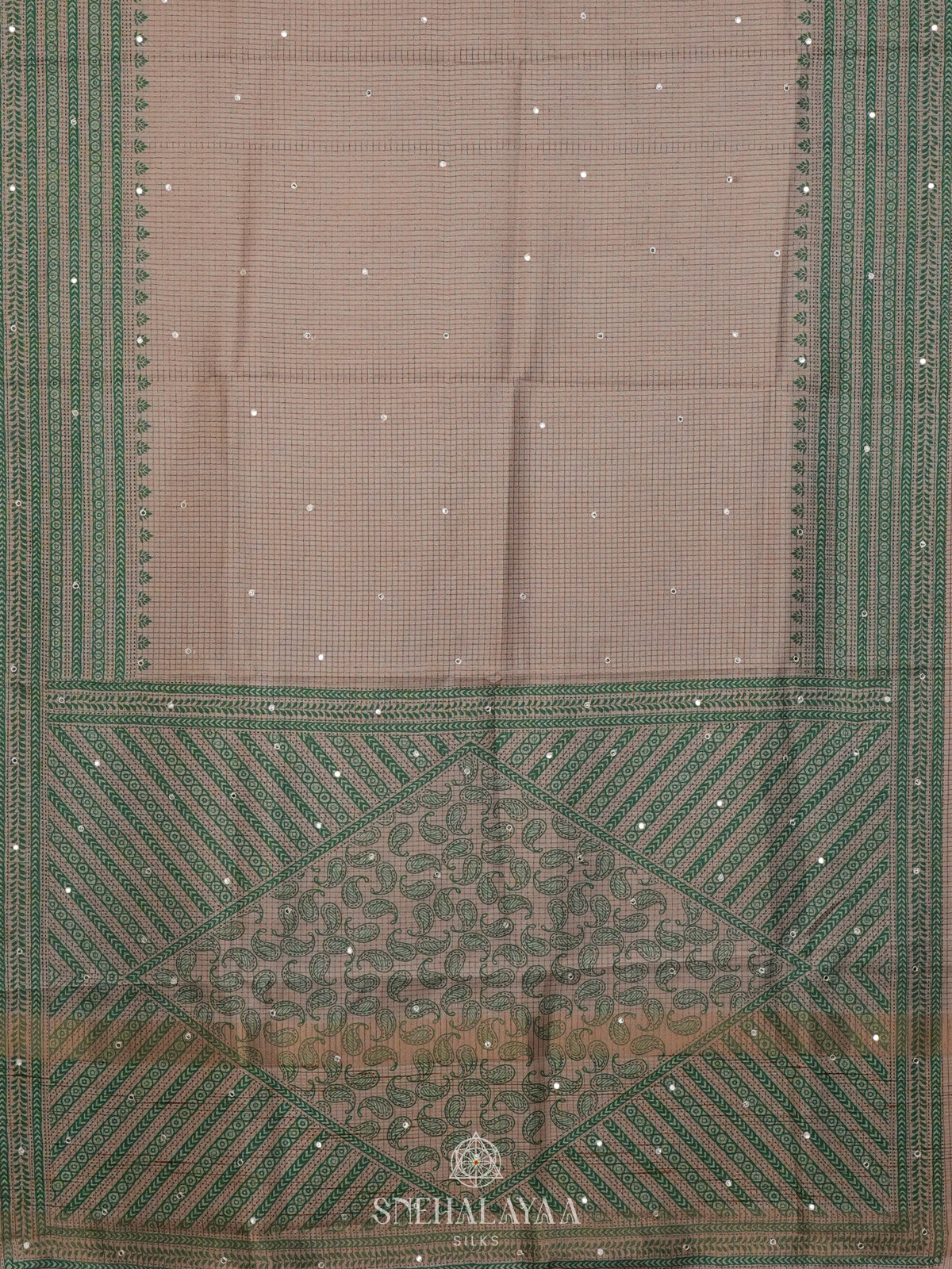 Beige with Green Border Tussar Saree