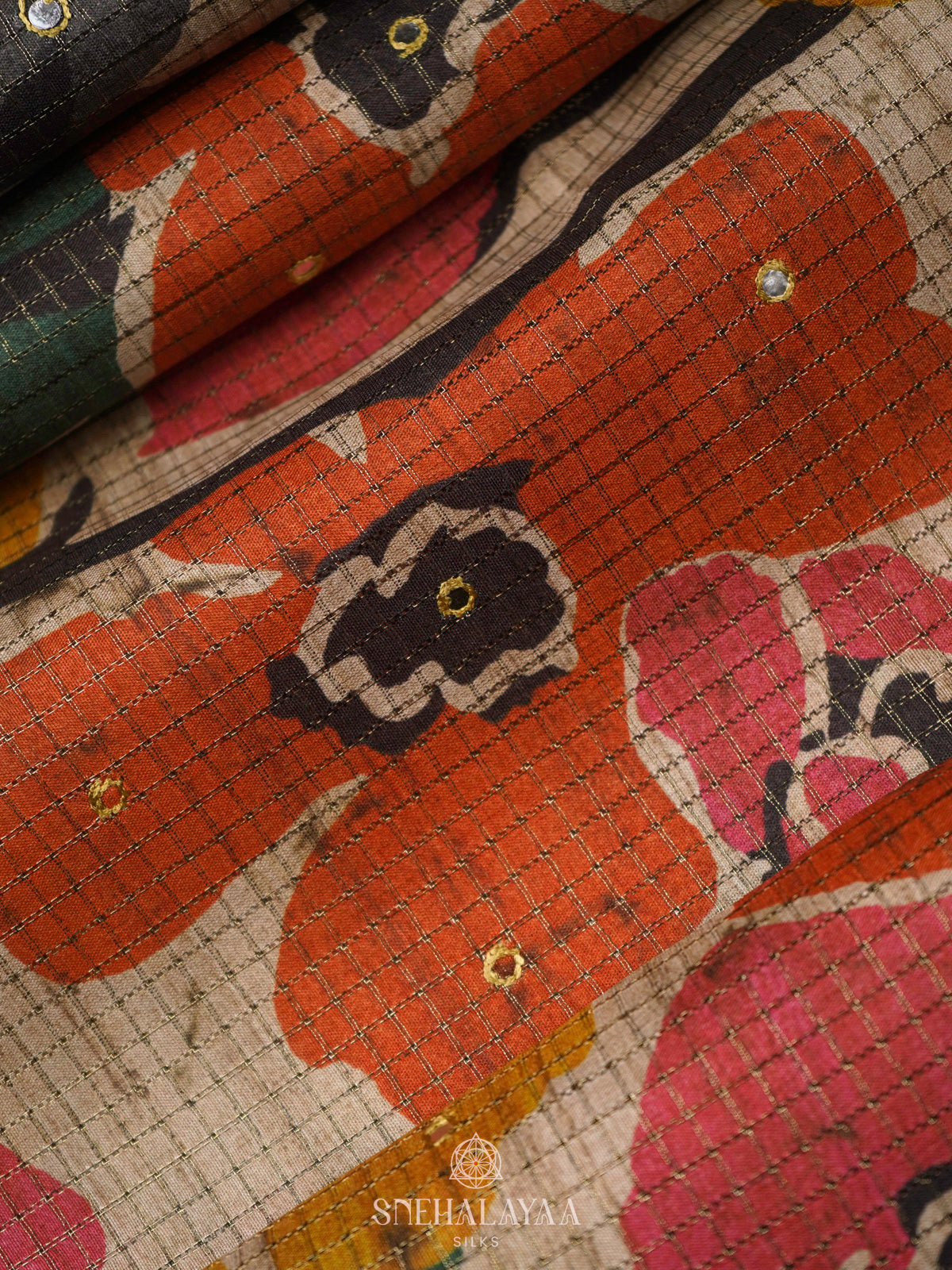 Beige with Floral Print Tussar Saree
