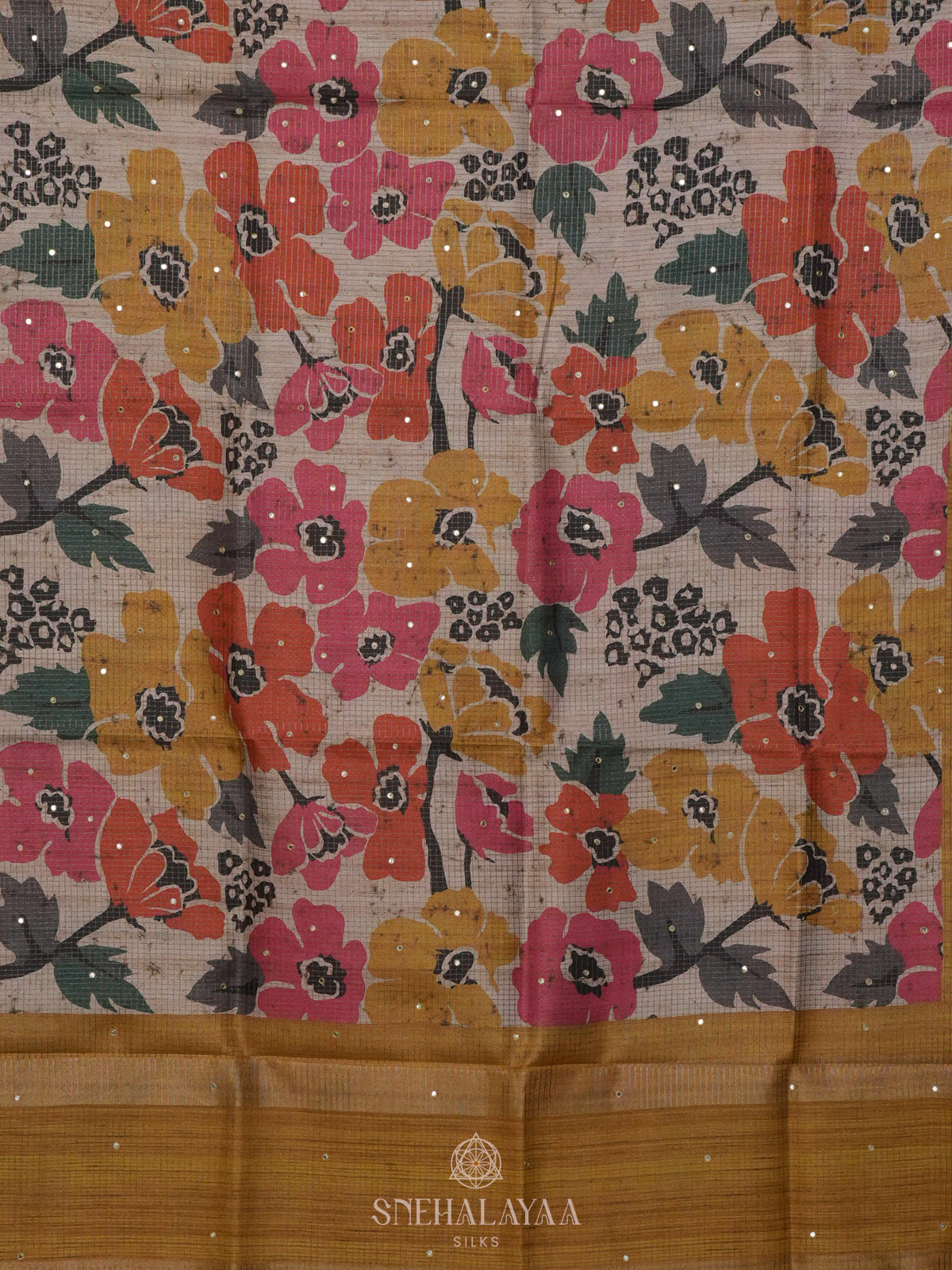 Beige with Floral Print Tussar Saree