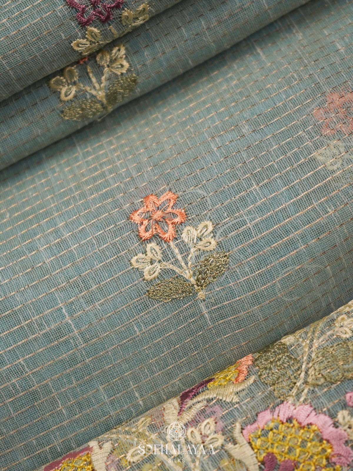 Pale Blue Linen Cotton Saree