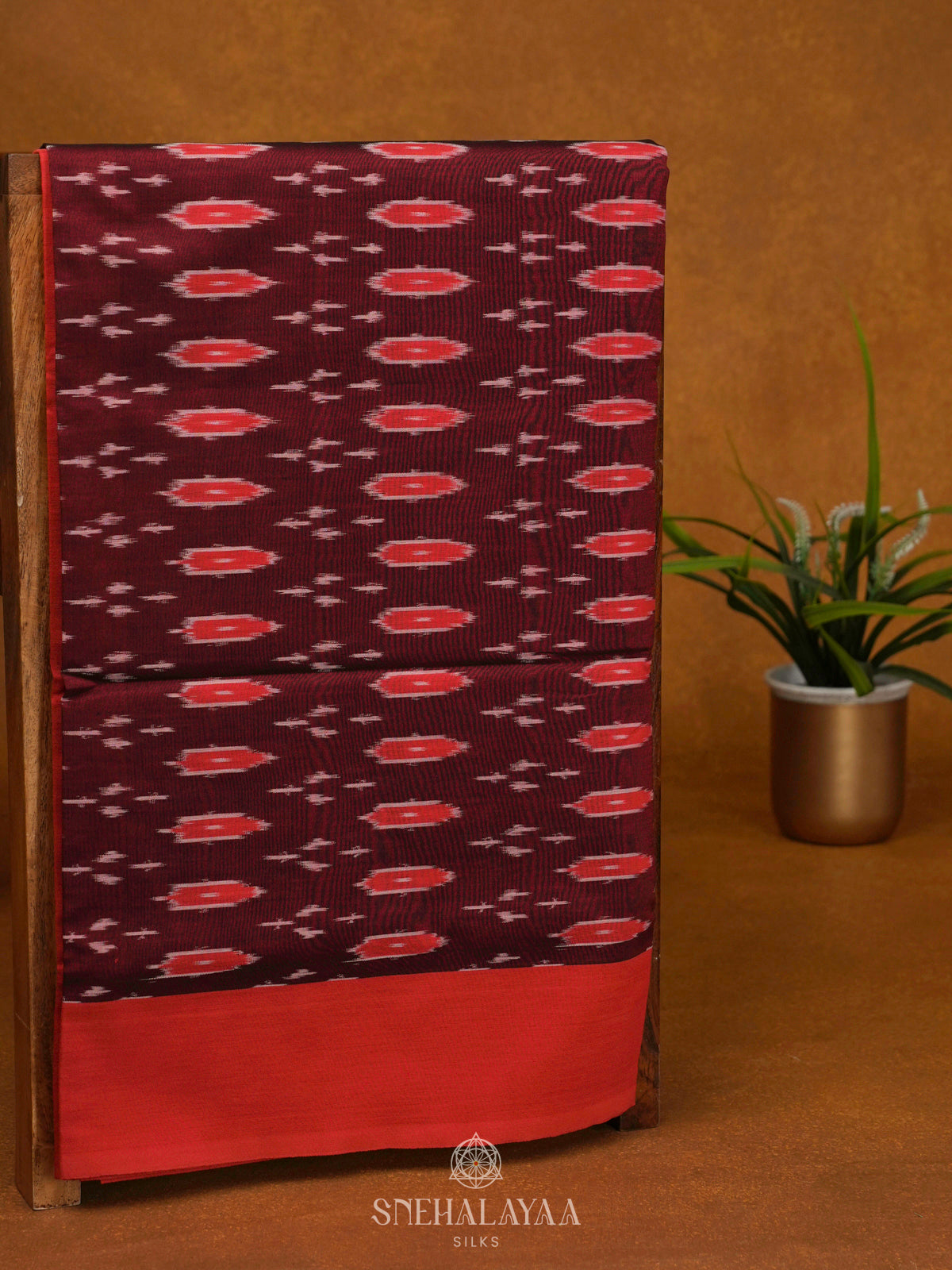 Burgundy Ikat Cotton Saree