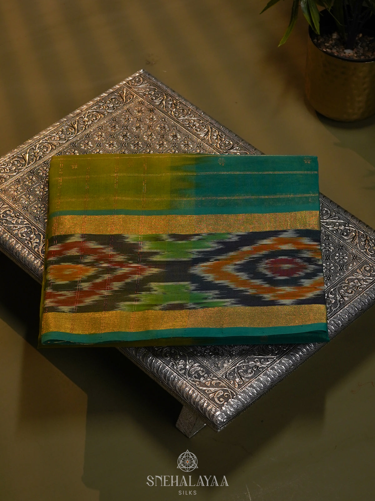 Olive Green Silk Cotton Saree with Teal Pallu & Multicolor Ikat Border