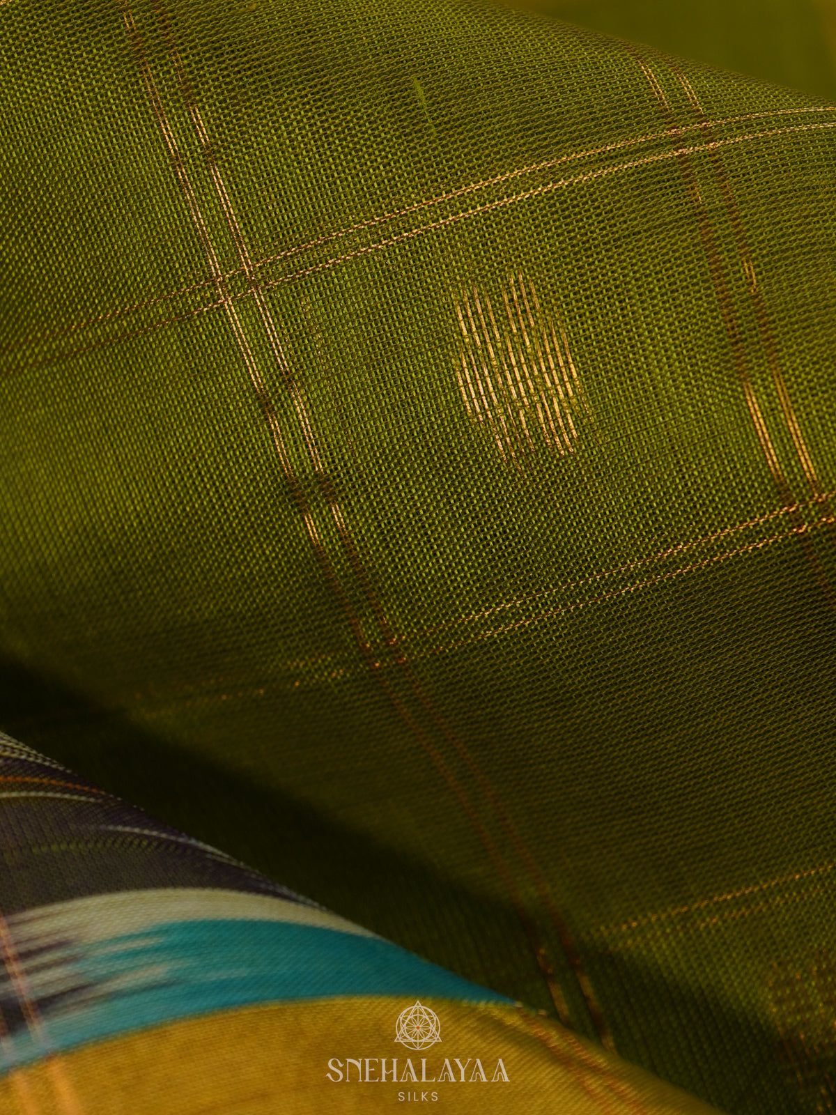 Olive Green Silk Cotton Saree with Teal Pallu & Multicolor Ikat Border