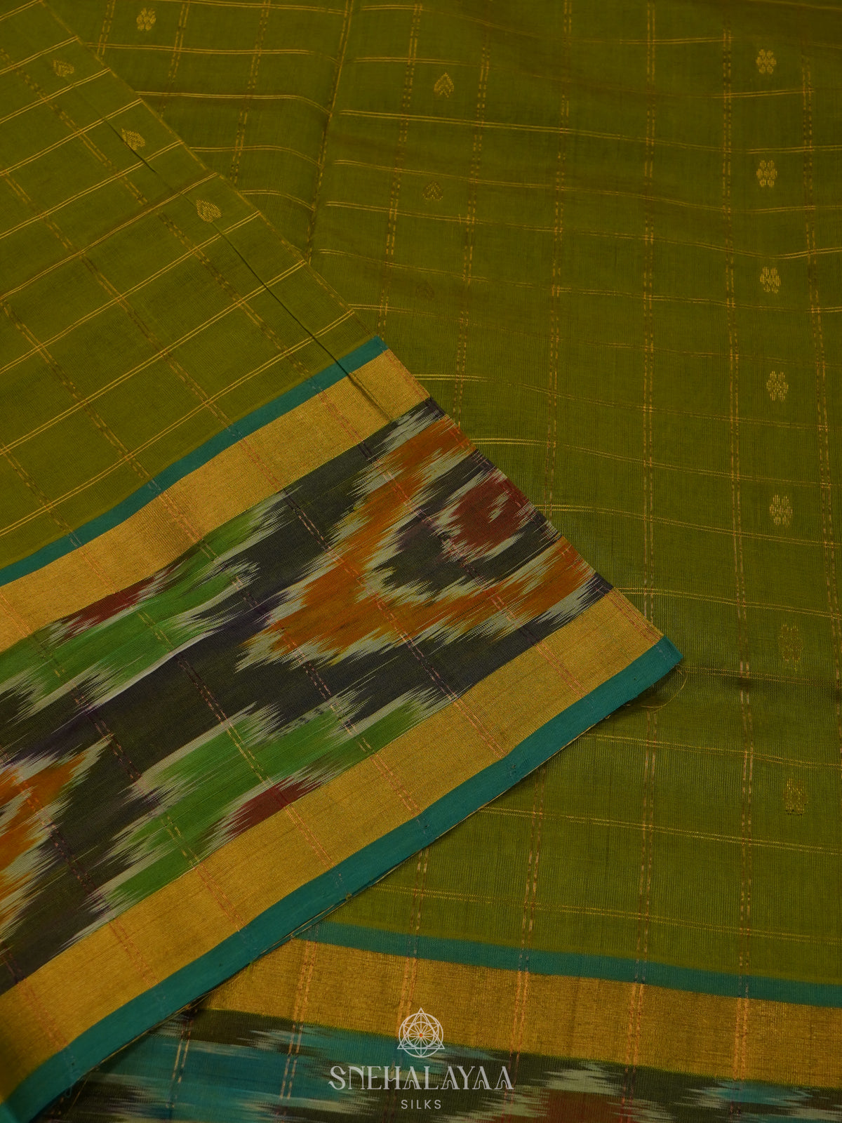 Olive Green Silk Cotton Saree with Teal Pallu & Multicolor Ikat Border