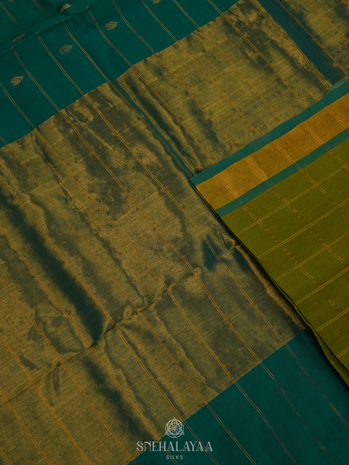 Olive Green Silk Cotton Saree with Teal Pallu & Multicolor Ikat Border