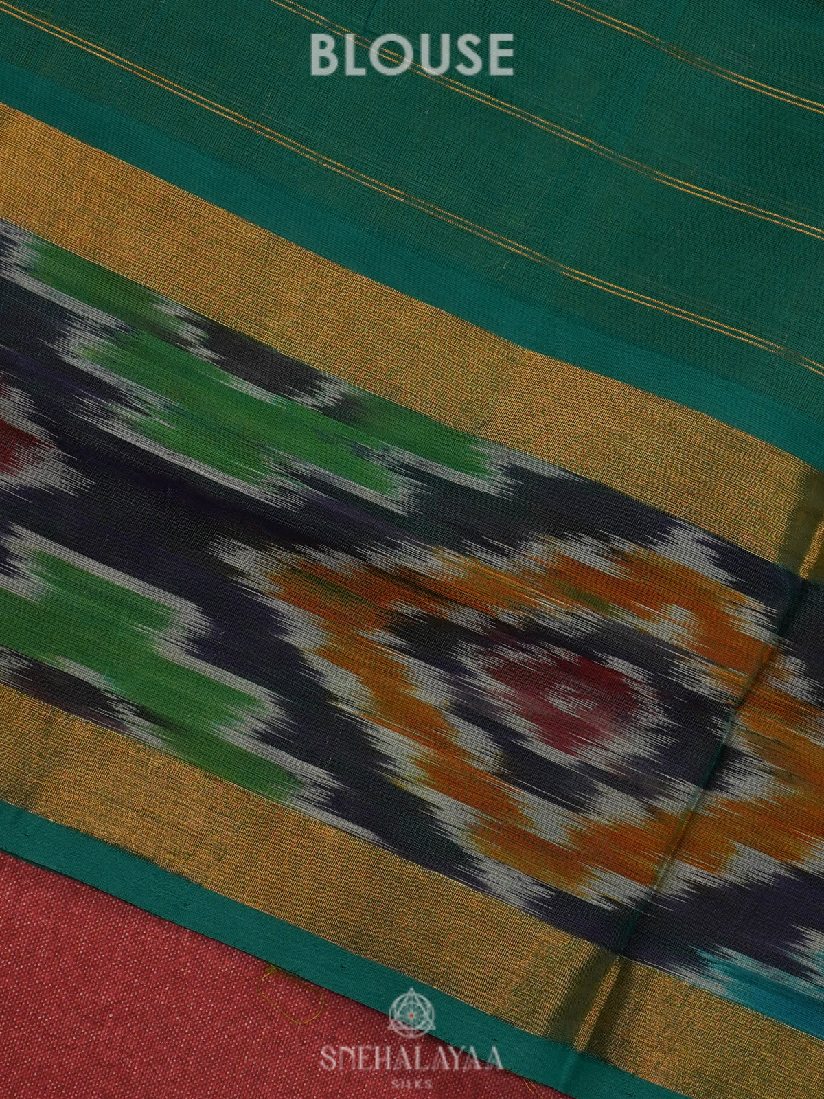 Olive Green Silk Cotton Saree with Teal Pallu & Multicolor Ikat Border