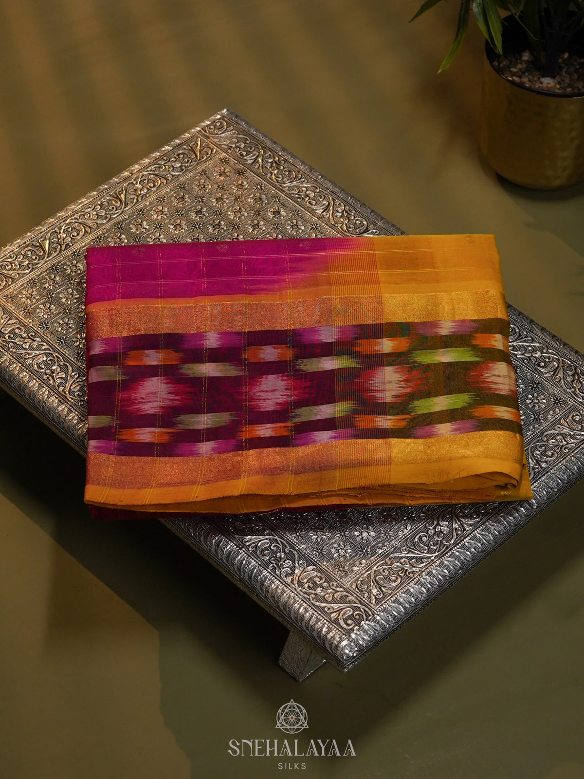 Magenta Silk Cotton Saree with Mustard Pallu & Ikat Border