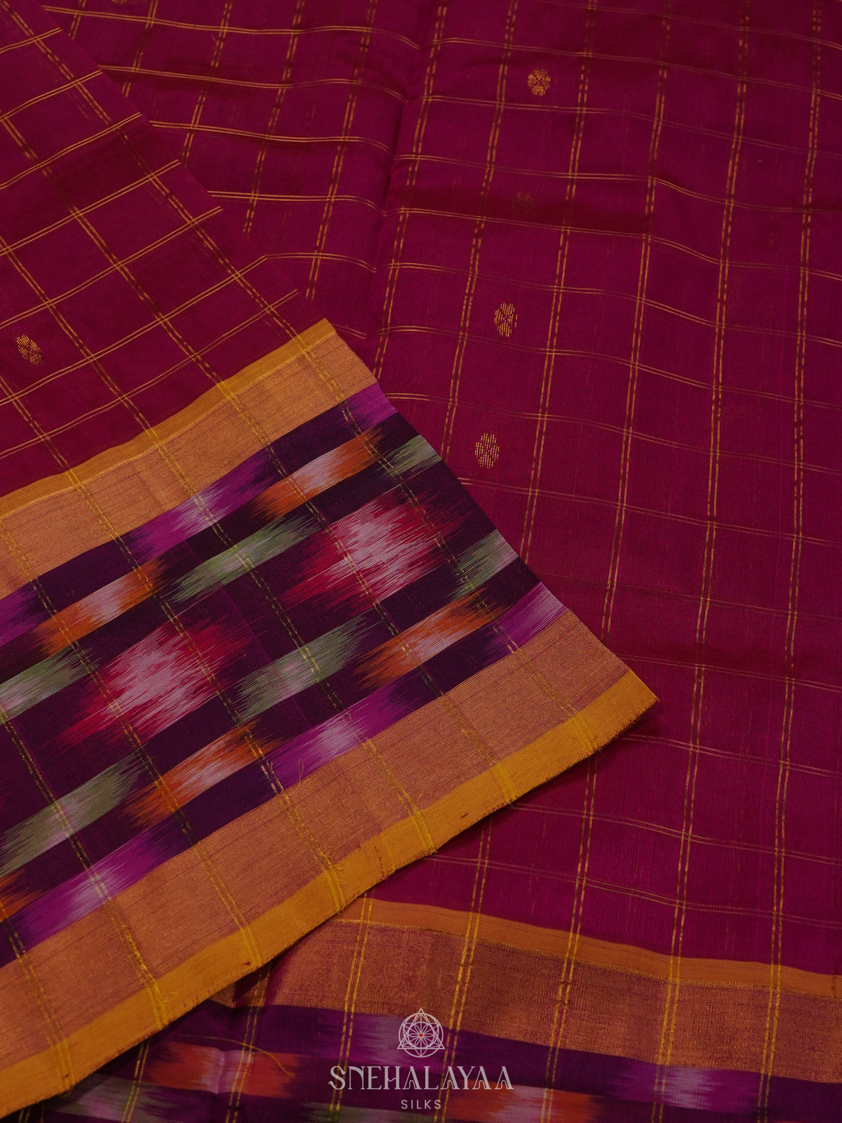 Magenta Silk Cotton Saree with Mustard Pallu & Ikat Border