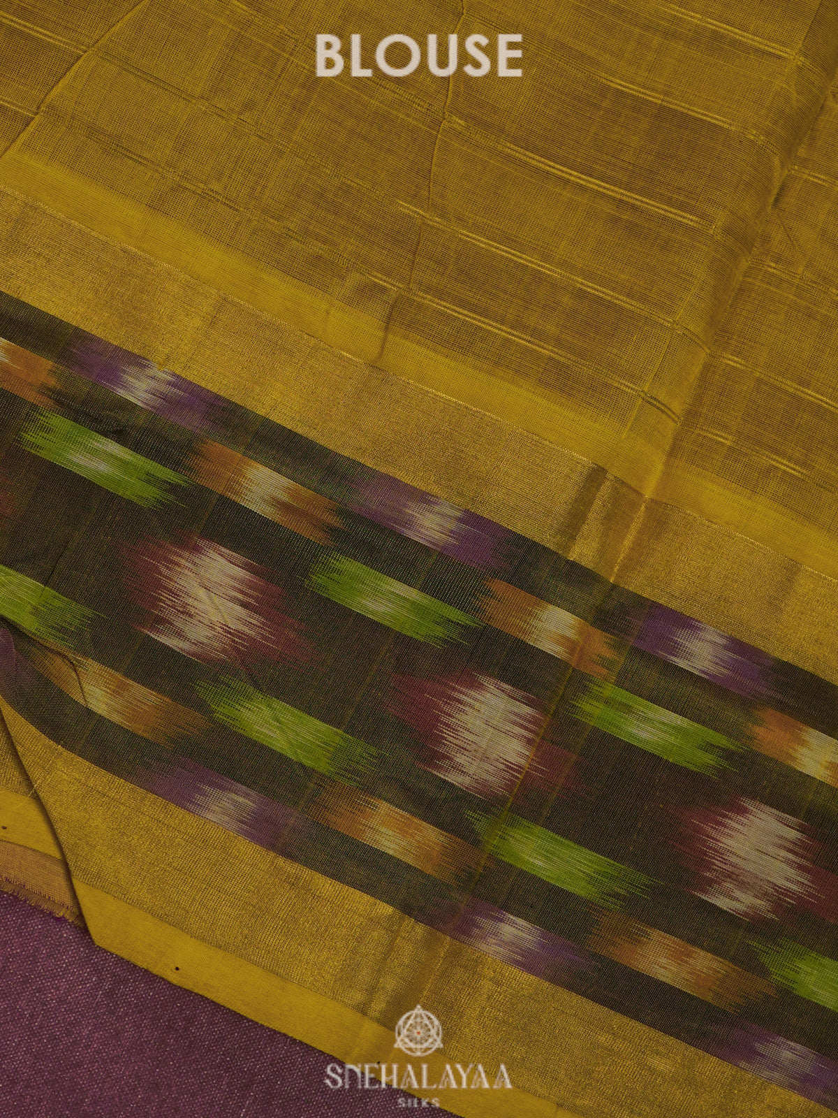 Magenta Silk Cotton Saree with Mustard Pallu & Ikat Border
