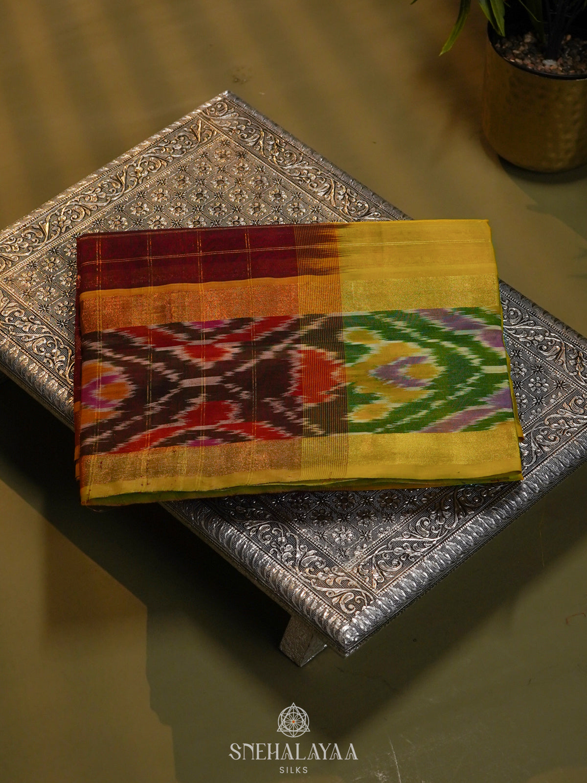 Maroon Silk Cotton Saree with Olive Green Pallu & Ikat Border