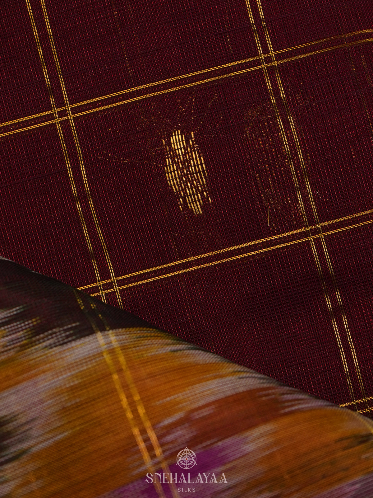 Maroon Silk Cotton Saree with Olive Green Pallu & Ikat Border