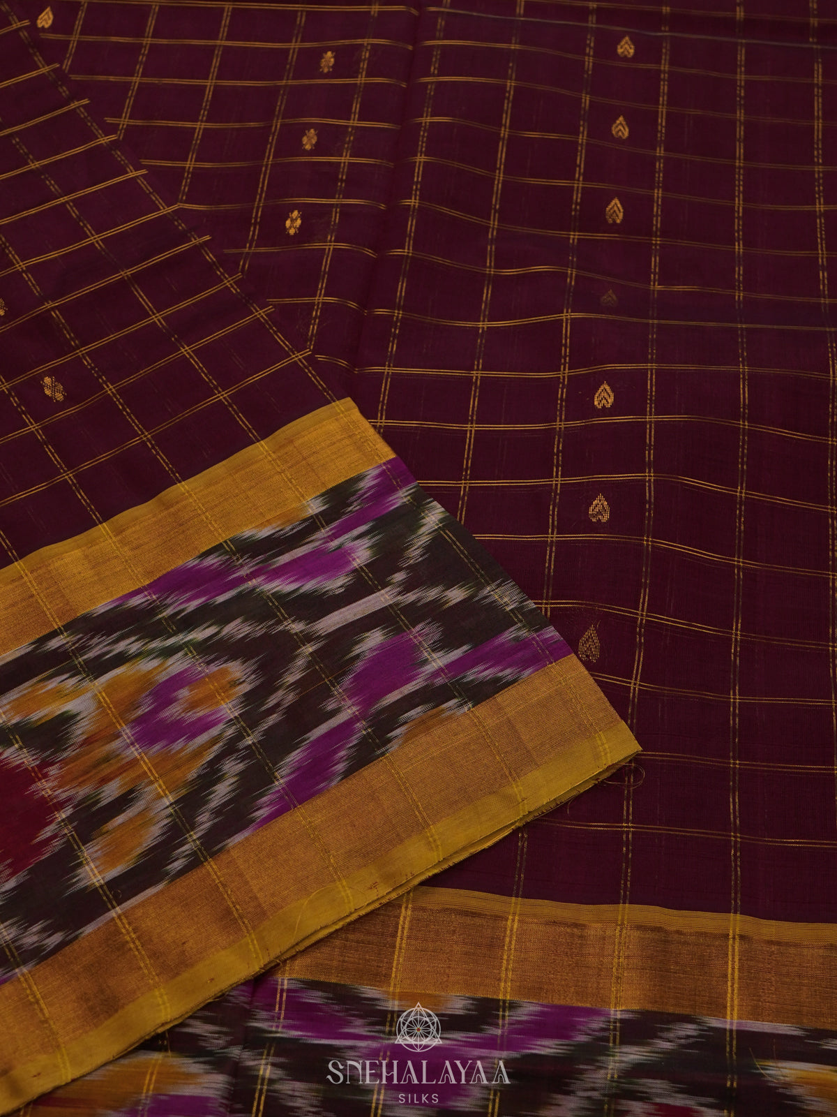 Maroon Silk Cotton Saree with Olive Green Pallu & Ikat Border