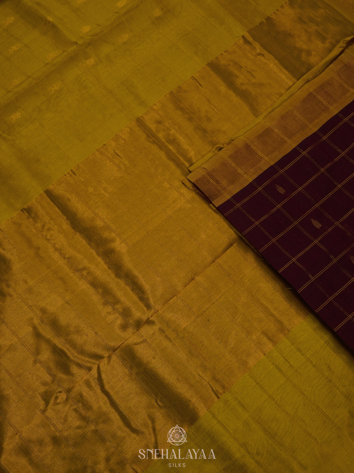 Maroon Silk Cotton Saree with Olive Green Pallu & Ikat Border