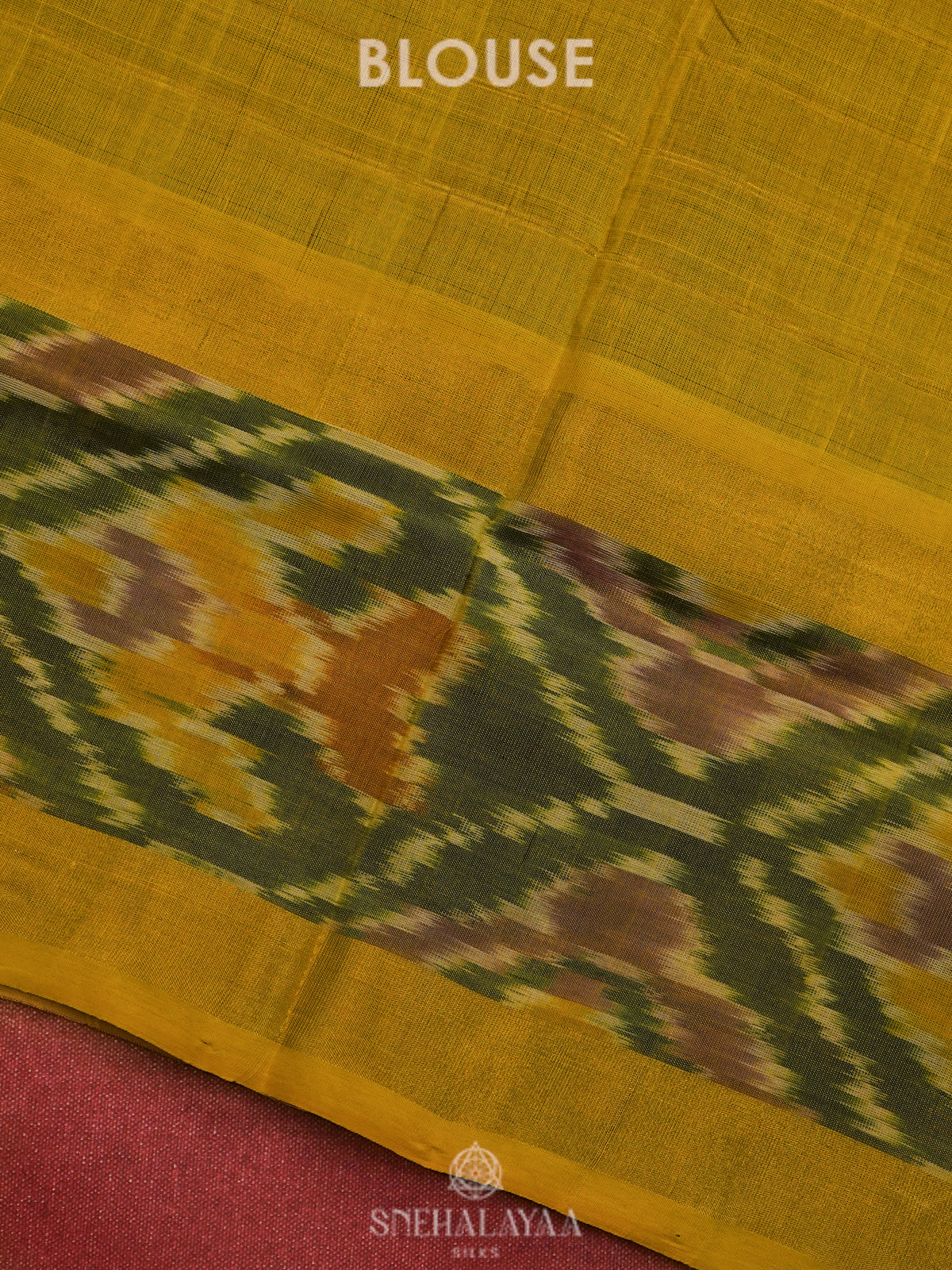 Maroon Silk Cotton Saree with Olive Green Pallu & Ikat Border