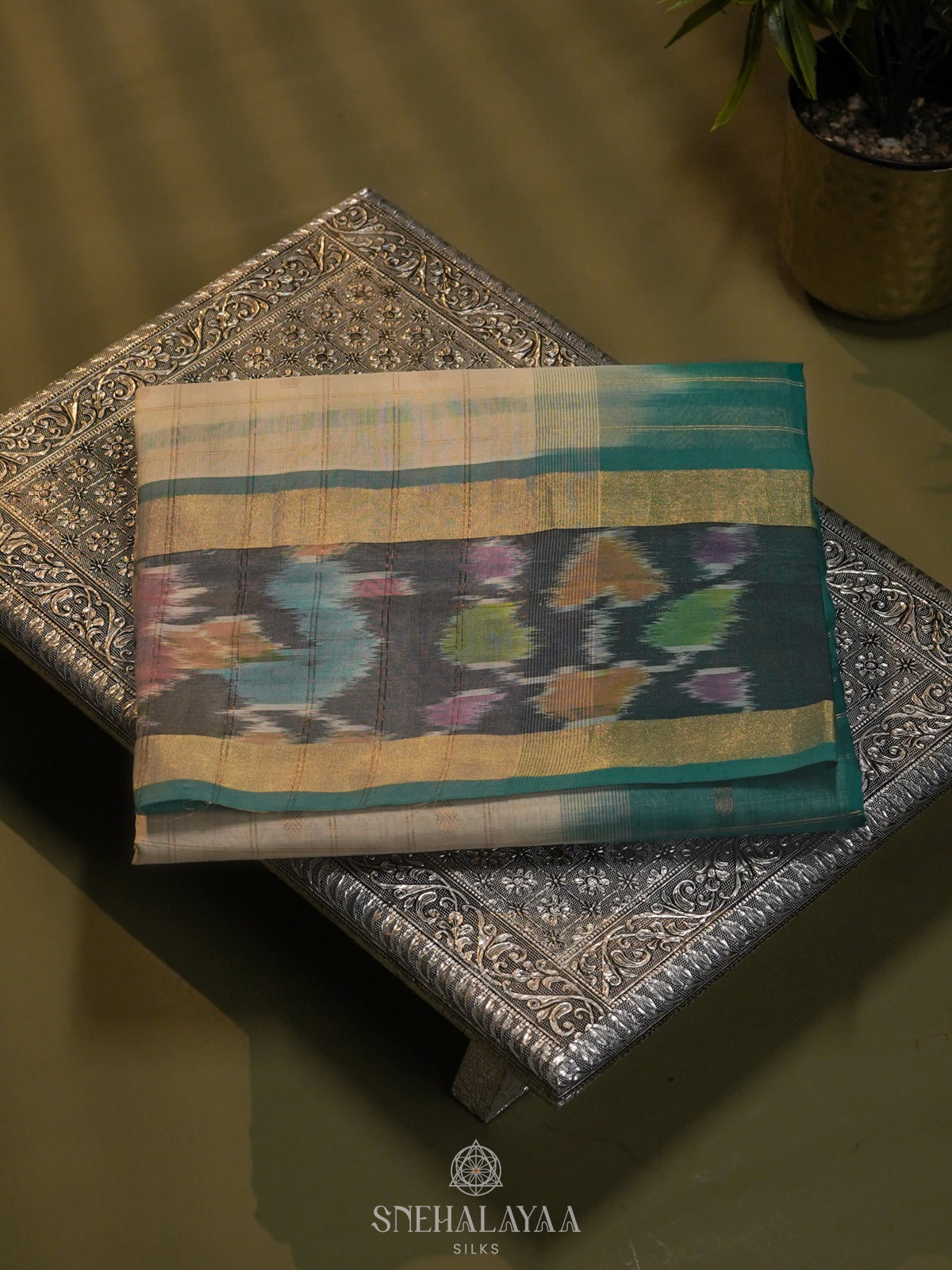 Beige Silk Cotton Saree with Teal Pallu & Charcoal Ikat Border