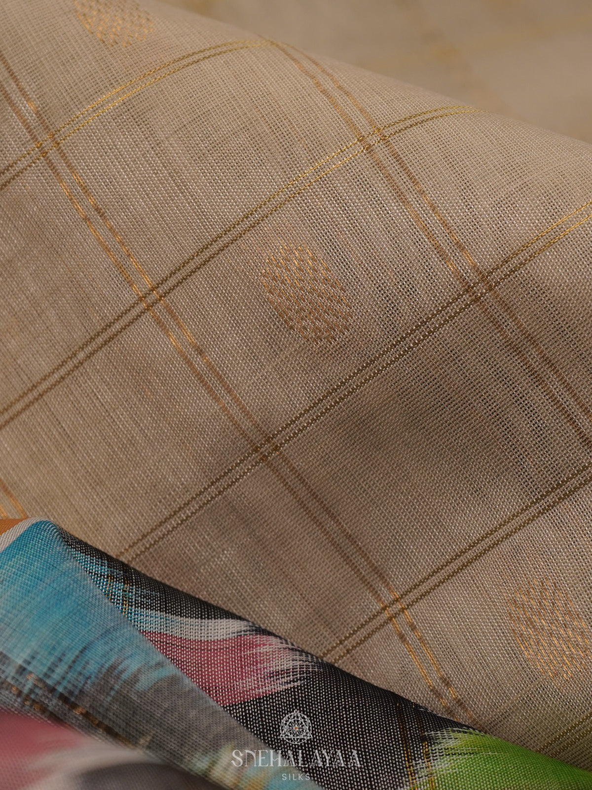 Beige Silk Cotton Saree with Teal Pallu & Charcoal Ikat Border
