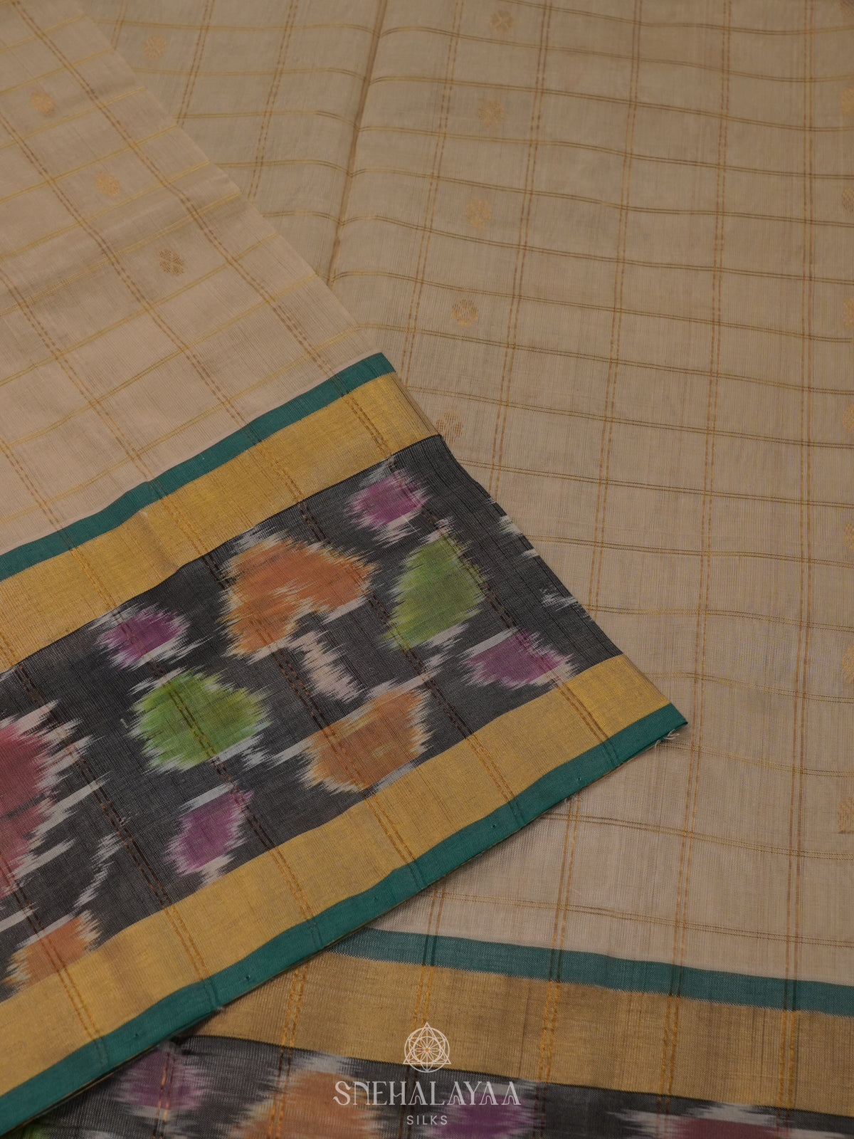 Beige Silk Cotton Saree with Teal Pallu & Charcoal Ikat Border