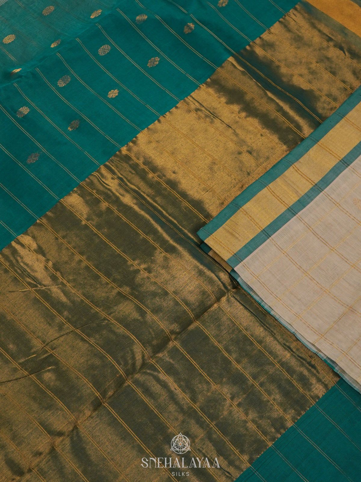 Beige Silk Cotton Saree with Teal Pallu & Charcoal Ikat Border