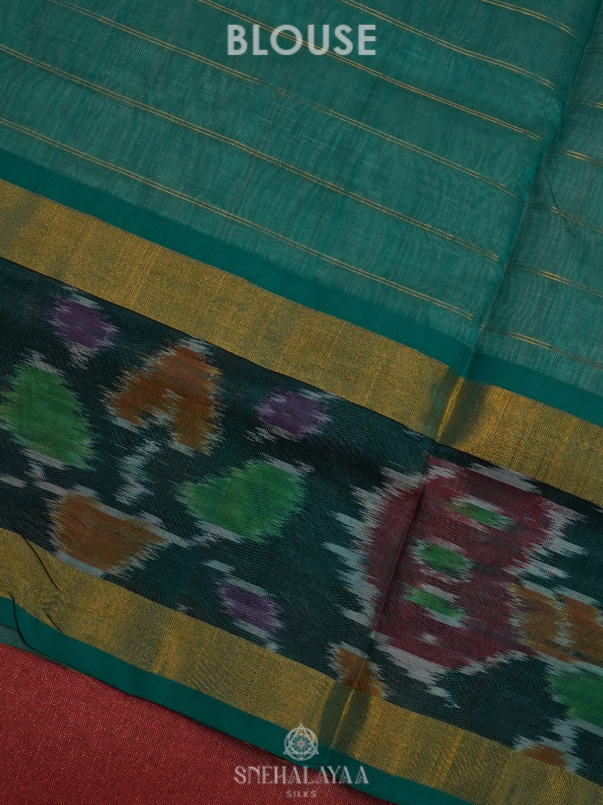 Beige Silk Cotton Saree with Teal Pallu & Charcoal Ikat Border
